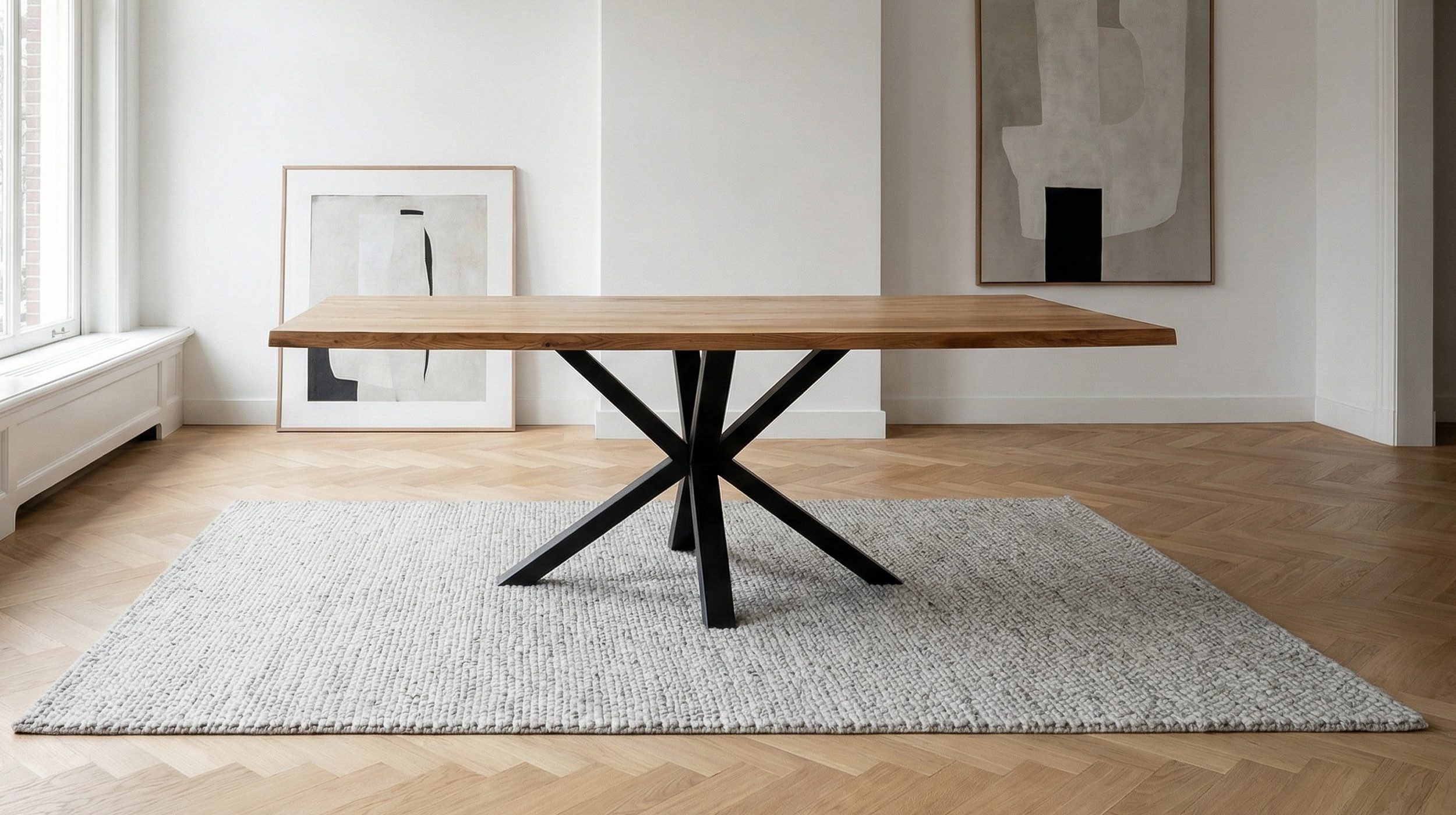 Massivart® Baumkantentisch DAHLIA Wildeiche geölt /massive Baumkanten Optik / 40 mm Tischplatte, Spider‑Gestell schwarz / Industrial Look