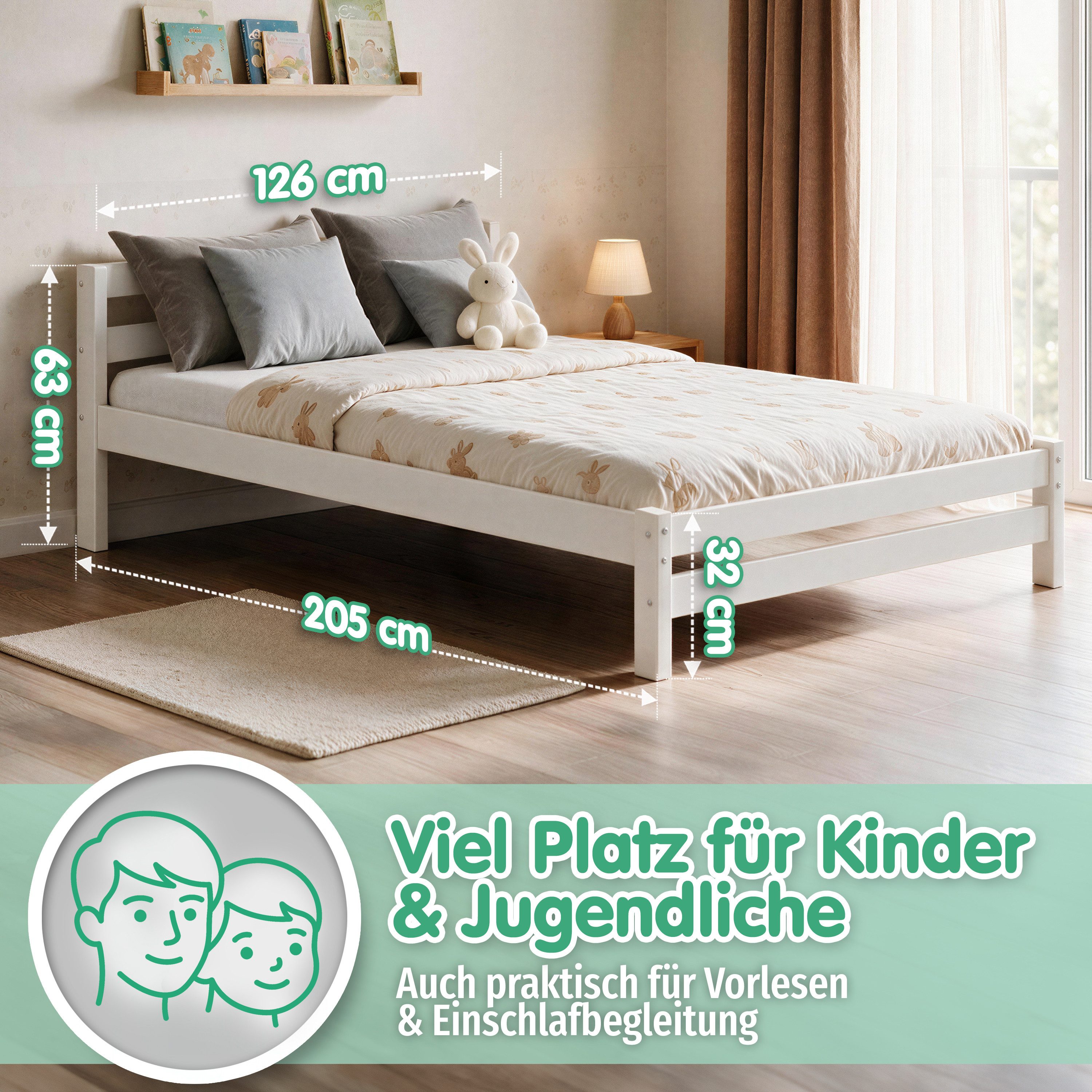 CADANI Kinderbett MIKA Jugendbett bis 200 kg belastbar inkl. Roll-Lattenrost (120x200 cm, Weiß), Bis 200 kg belastbar, Roll-Lattenrost inklusive – Bild 5 von 5