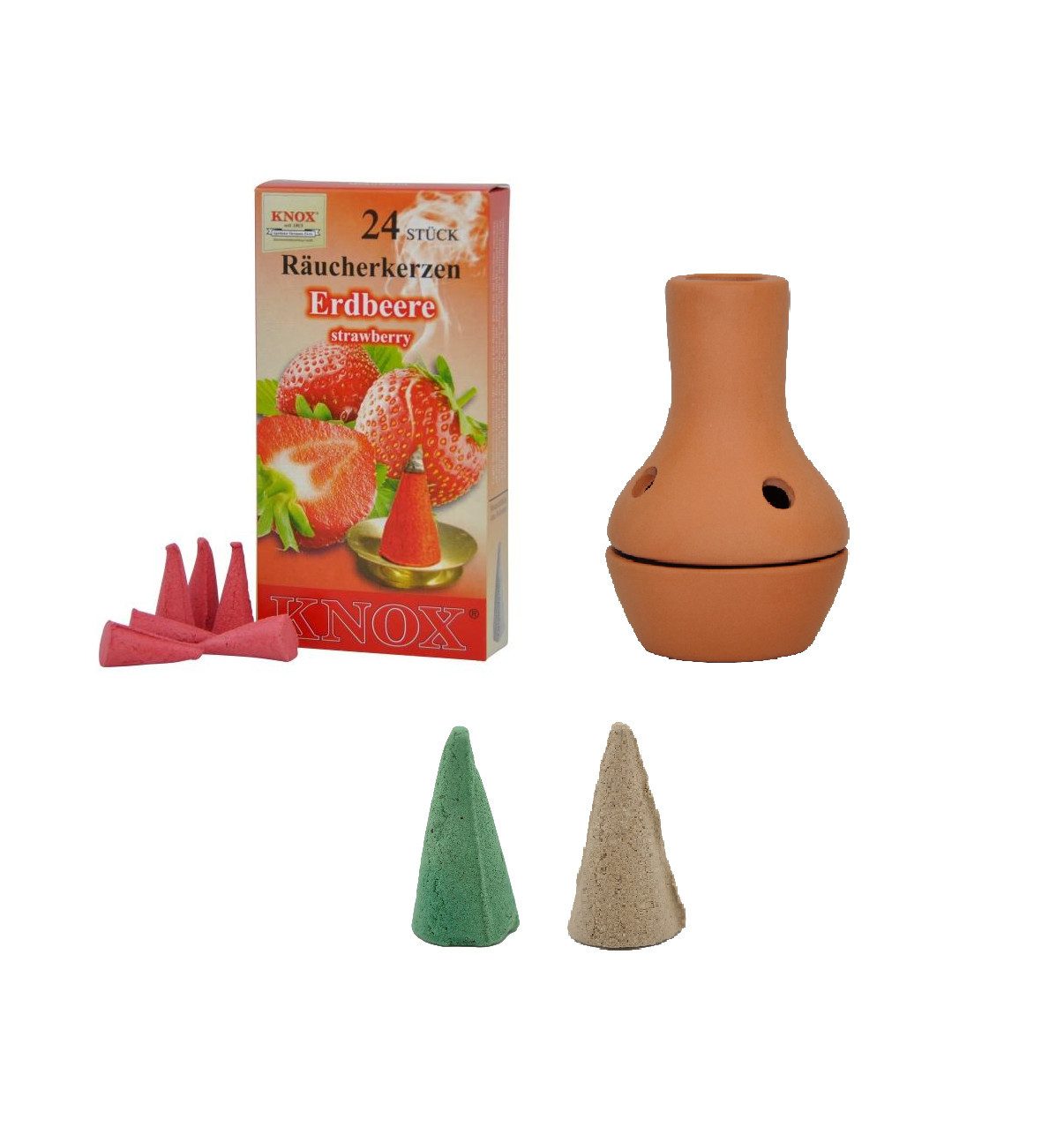 KNOX Duftkerze Feuertopf Natur + Melone und Vanille (XXL) + Erdbeer (M), Räuchergefäß Topf im Set - perfekt für jede Gartenparty