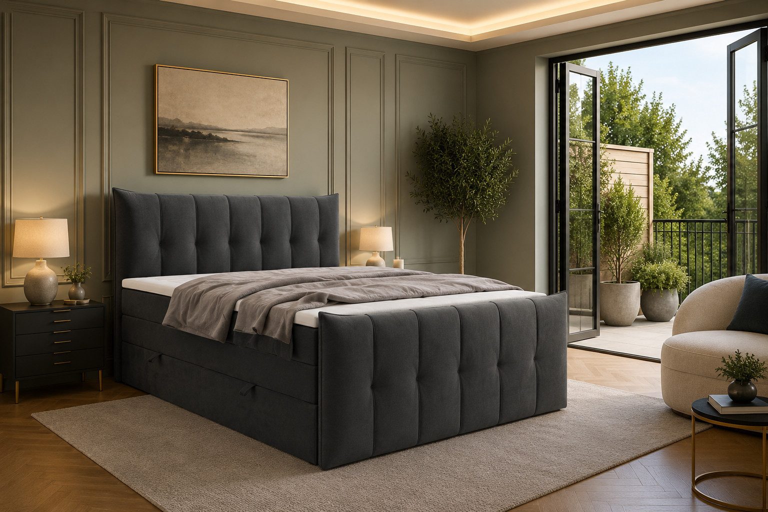 Labett Boxspringbett mit Bettkasten, Doppelmatratze PREMIUM 11 KING 160x200 180x200 200x200 (2 Bettkästen, Topper), Bonellfederkern- und Taschenfederkernmatratze
