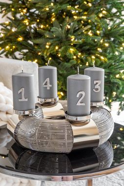 EDZARD Adventskranz Flax, (37 cm) Kerzenhalter für Stumpenkerzen, Adventsleuchter als Weihnachtsdeko für 4 Kerzen á Ø 8 cm, Kerzenkranz als Tischdeko aus Edelstahl mit Silber-Optik