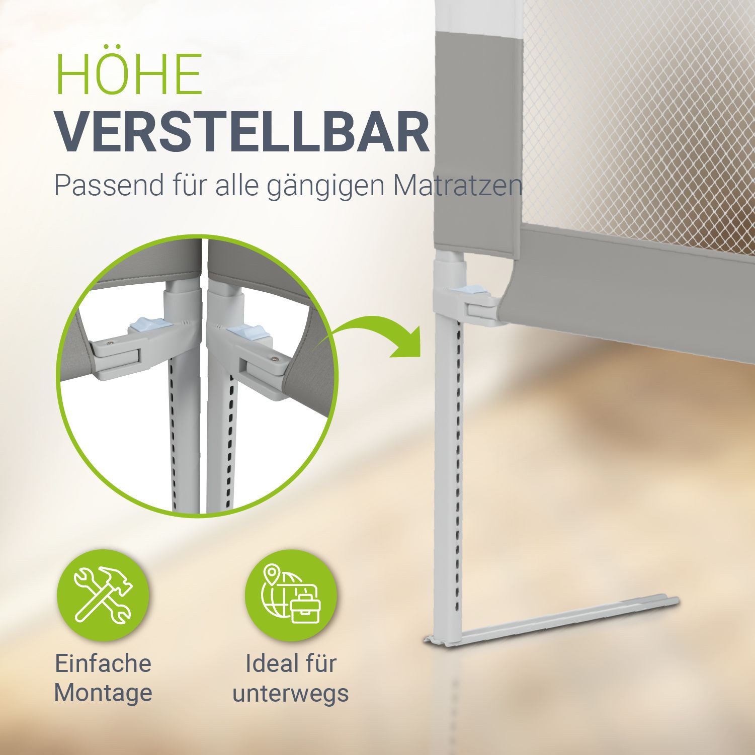 Juskys Bettschutzgitter Jaron, 180 cm, Rausfallschutz für Baby, höhenverstellbar & kombinierbar