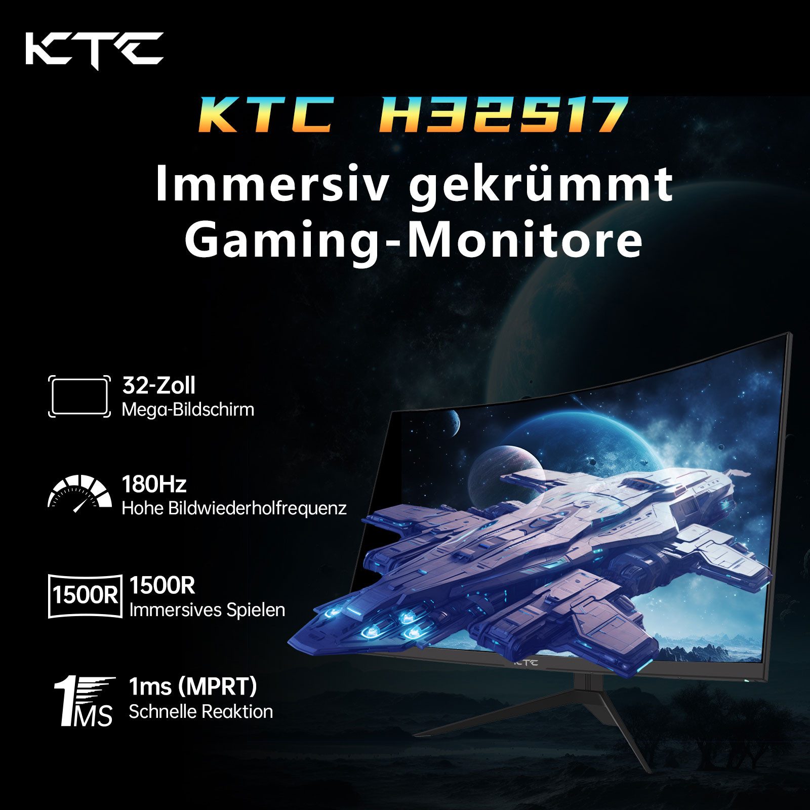 KTC H32S17 Curved-Gaming-Monitor (2560x1440 px, UWQHD, 1 ms Reaktionszeit, 180 Hz, HVA, QHD 180Hz HVA Curved 1500R)