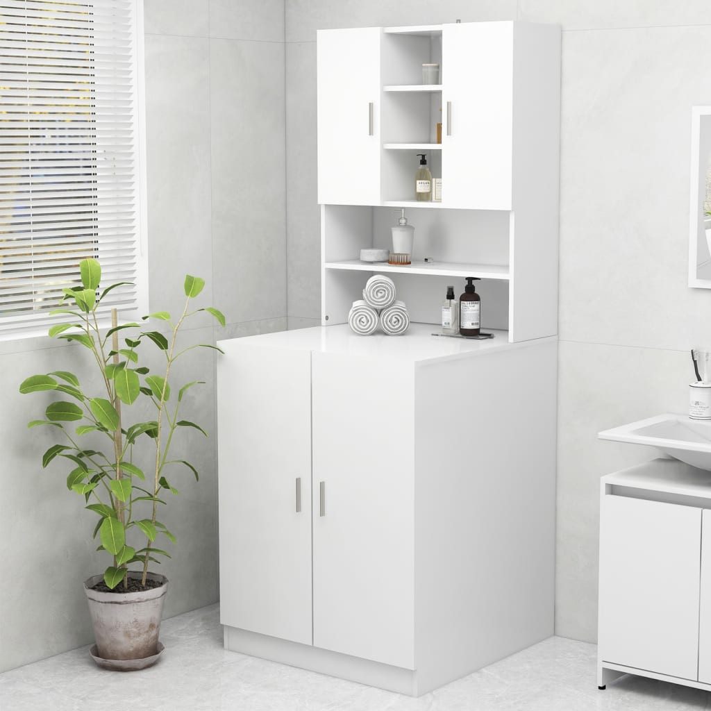 furnicato Waschmaschinenunterschrank Waschmaschinenschrank 70,5x25,5x90 cm Weiß (1-St) Badregal mit 9 Fächern, 2 Türen und Wandhalterung für das Badezimmer