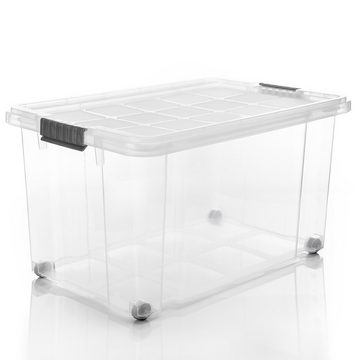 BigDean Aufbewahrungsbox 4x 60 L Aufbewahrungsbox mit Deckel + Rollen transparent Stapelbox