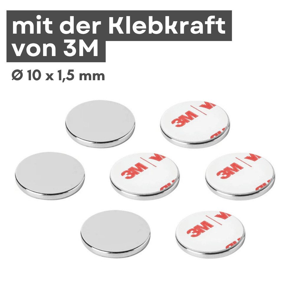 MaajeeKuto Magnet 3M Neodym Scheibenmagnet Ø10x1,5 mm selbstklebend N42 – 1 kg Haftkraft (2-St)