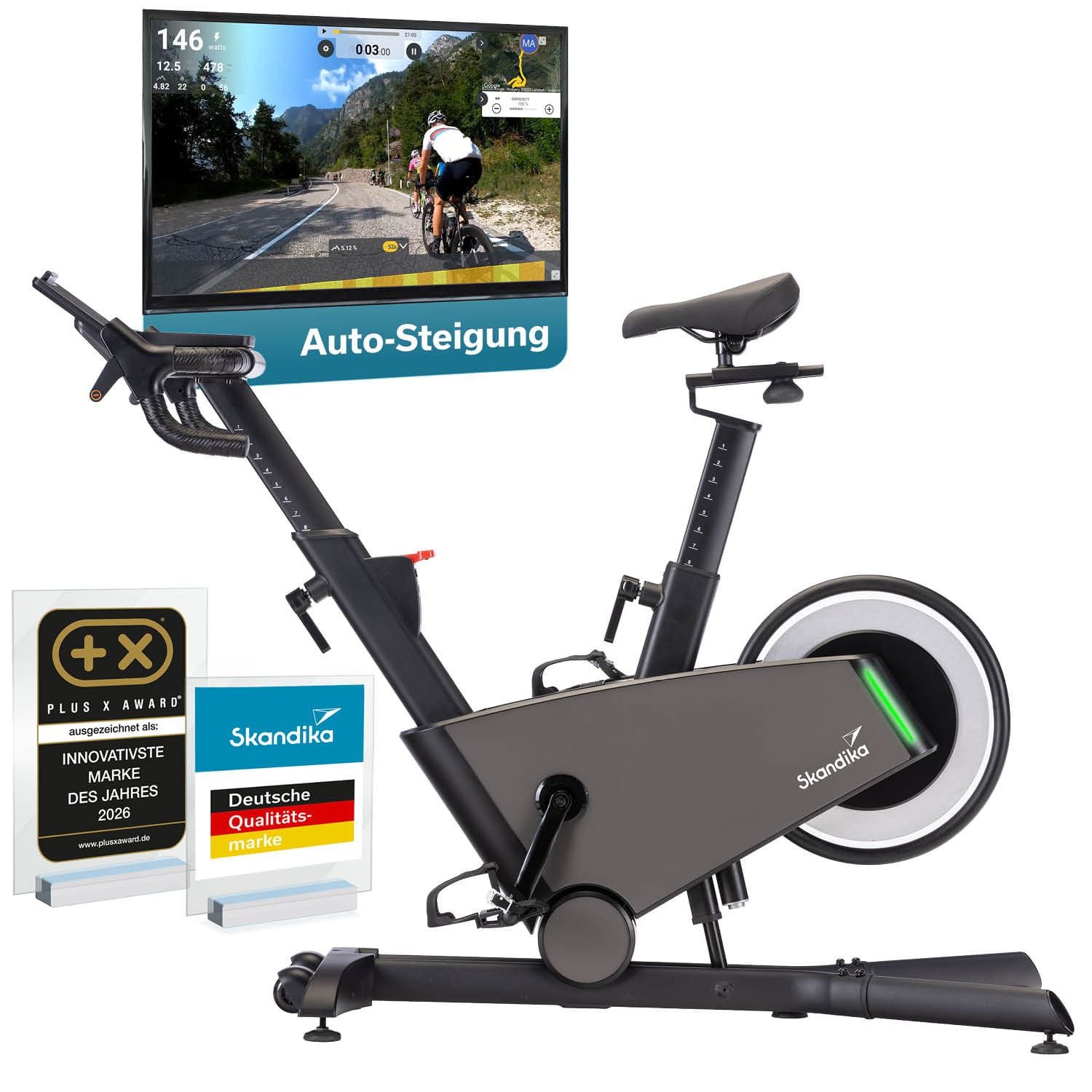 Skandika Heimtrainer Speedbike Indoor, Bike Kliva 800-S, Bike SMART mit LED (Bluetooth Kinomap App kompatibel, bis 150 kg und 155 bis 195 cm), Steigung in 16 Stufen, Magnetbremse mit 32 Stufen, 3 Programme