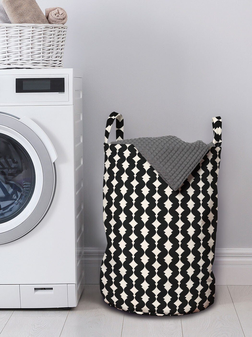 Waschsalons, Retro Art gebogene mit für Abakuhaus Griffen Kordelzugverschluss Formen Wäschekorb Deco Wäschesäckchen Linien