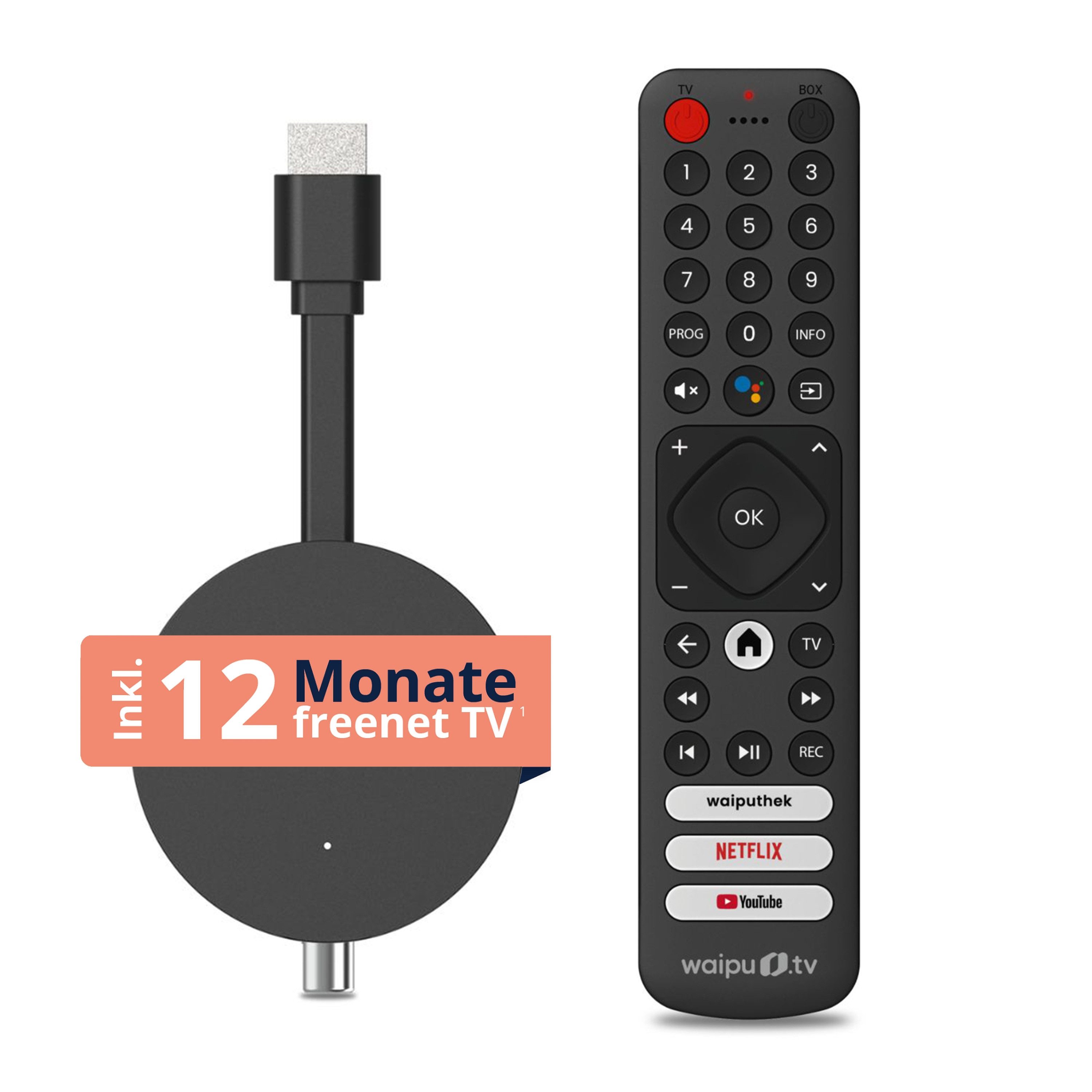 freenet TV Streaming-Stick Hybrid 3in1, DVB-C/T2 und Android TV, Inkl. 12 Monate freenet TV, 4K UHD, Chromecast