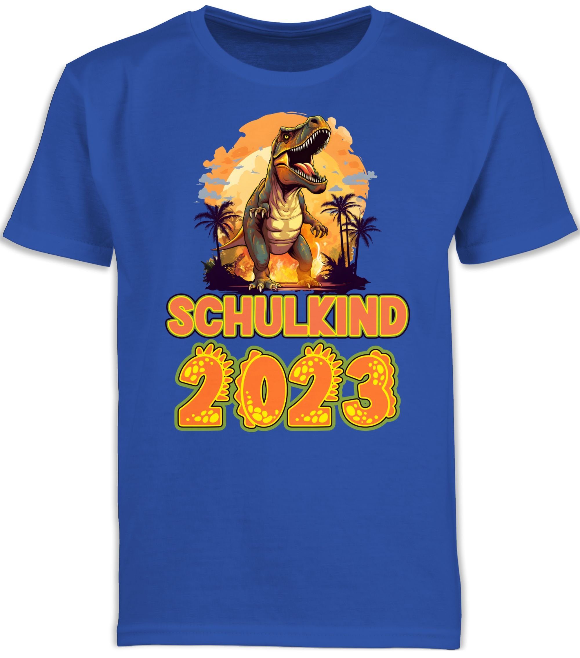 Shirtracer T-Shirt Schulkind 2023 Dinosaurier Dino Saurier Einschulung Junge Schulanfang Geschenke 2 Royalblau