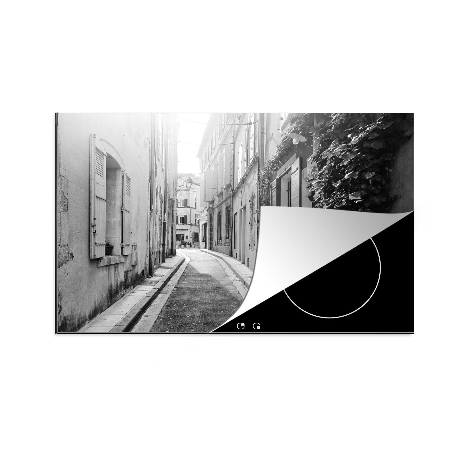 MuchoWow Herdblende-/Abdeckplatte Frankreich - Schwarz - Weiß - Lane, Vinyl, (1 tlg), 81x52 cm, Induktionskochfeld Schutz für die küche, Ceranfeldabdeckung