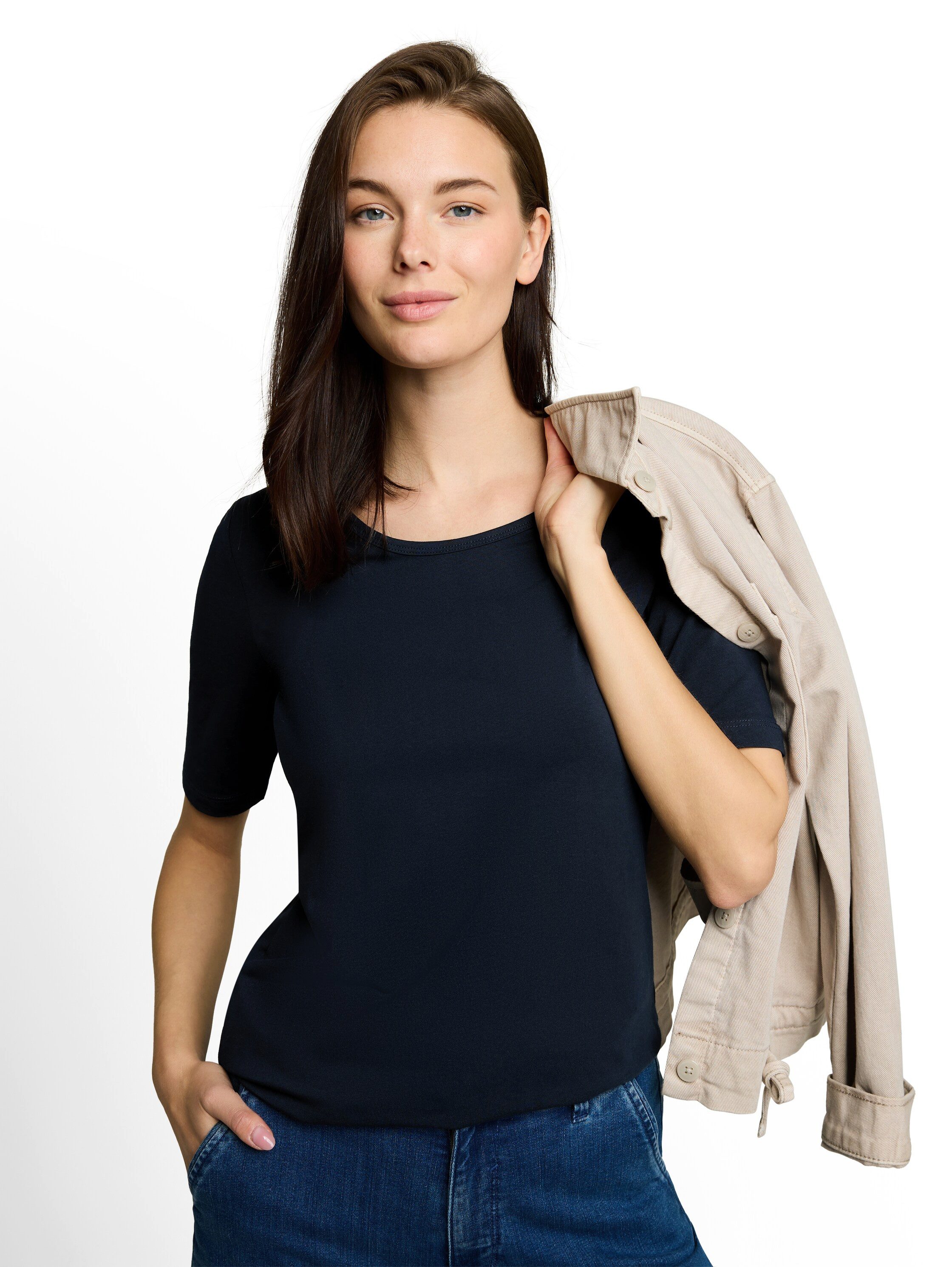 TOM TAILOR T-Shirt Sommershirt mit tiefem Rundhalsausschnitt, unifarben – Bild 2 von 5