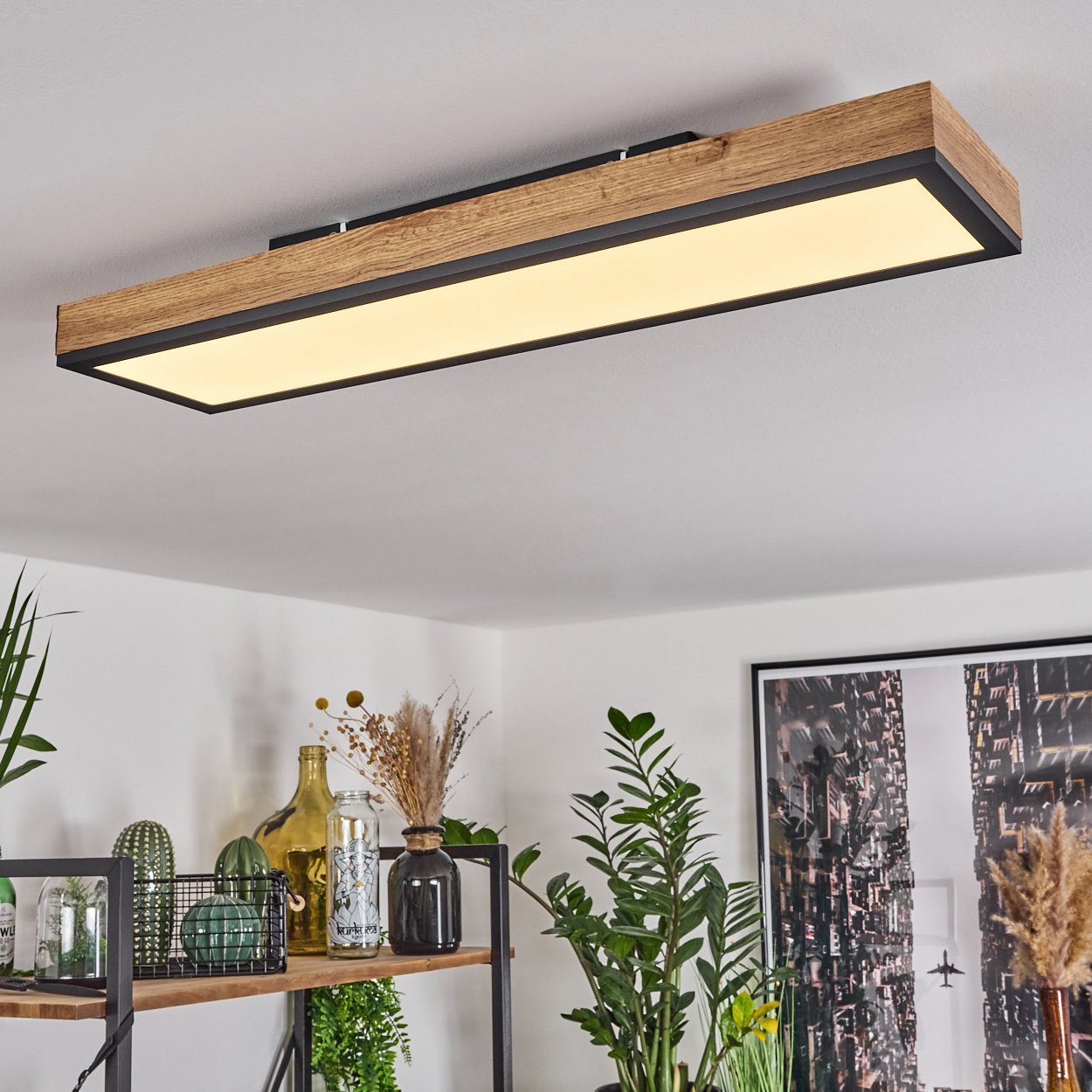 hofstein Deckenleuchte »Vacil« modernes Deckenpanel aus Metall/MDF in Schwarz/Weiß/Holzoptik, 3000 Kelvin, 18 Watt, 1000 Lumen, längliche Deckenlampe in flachem Design