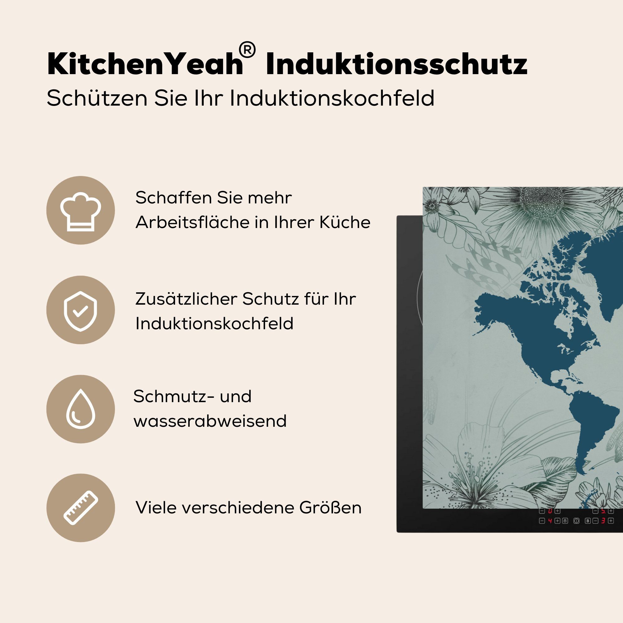 MuchoWow Herdblende-/Abdeckplatte Weltkarte - Grau (1 81x52 Blau, Schutz tlg), cm, die Vinyl, Ceranfeldabdeckung für küche, Induktionskochfeld 