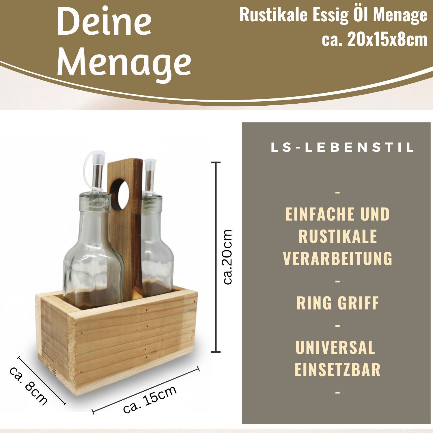 LS-LebenStil Menage-Set Holz Menage Essig- und Ölspender Set 2x Ölflasche Ausgießer Olivenöl V, (Holzständer mit Griff Ausgießer Olivenöl Speiseöl Vinaigrette Ölflasche, 3-tlg., 2x Glasflaschen 200ml), Fundholz - jede Menage ist ein Unikat