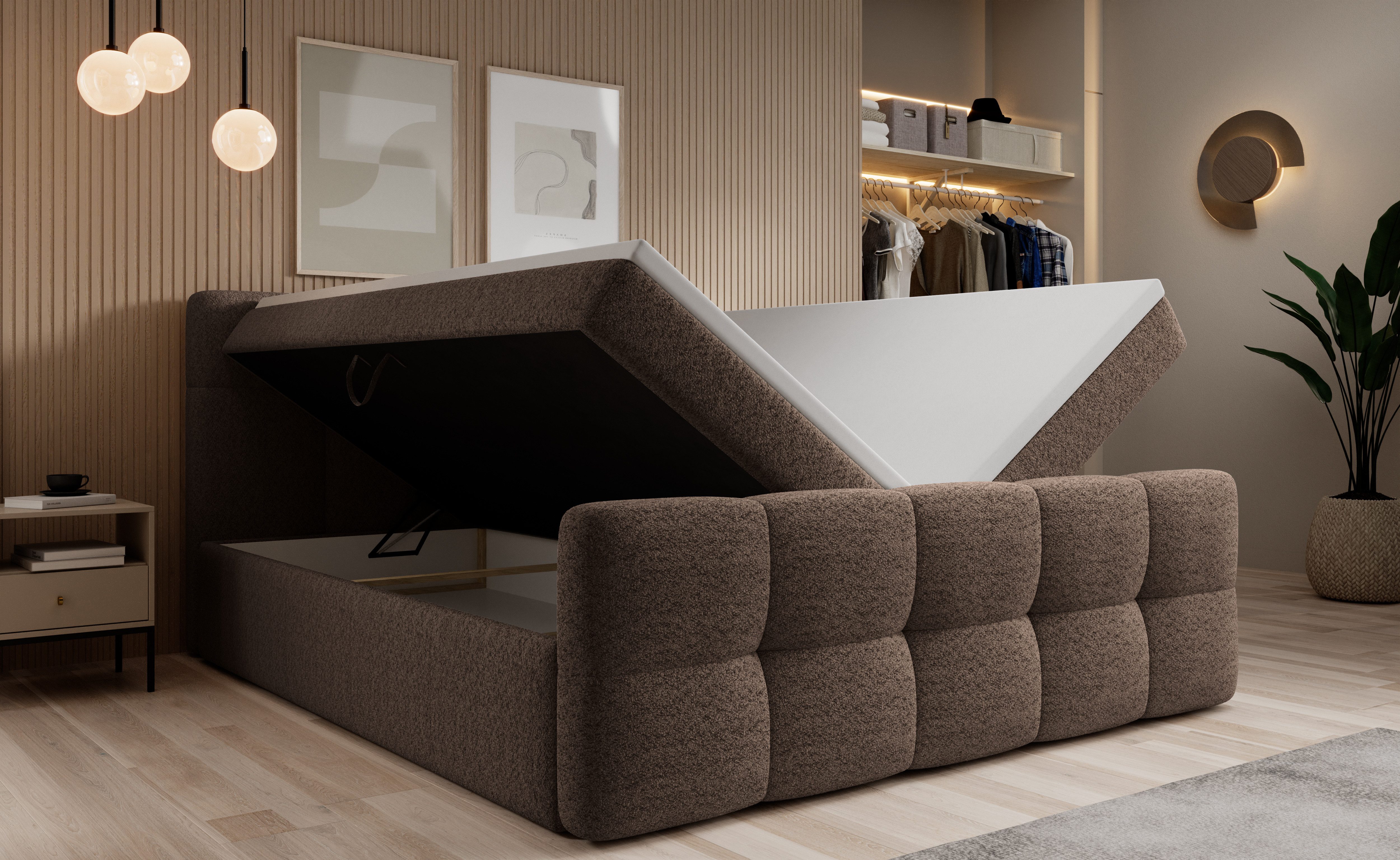 thematys Boxspringbett mit Bettkasten 140x200–200x200 cm – Velours oder Bouclé Bezug – (Polsterbett Bonnellfederkern Matratze H3 + Gratis 3cm Topper, Boxbett - Luxus Doppelbett mit Stauraum)