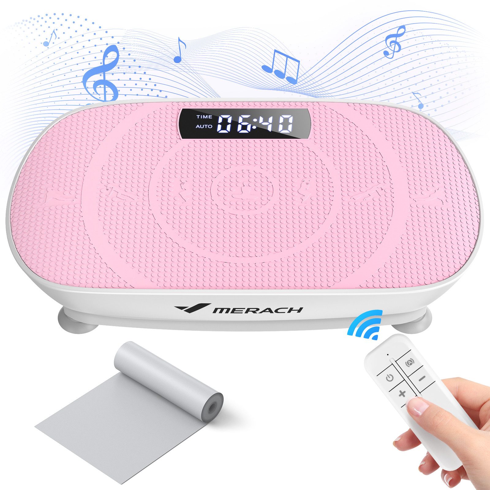 MERACH Vibrationsplatte mit Bluetooth, Widerstandsband, Ganzkörper Sportgerät, 10 Intensitätsstufen, LED-Display, für Gewichtsverlust, Formung, Training Bauch Beine Gesäß
