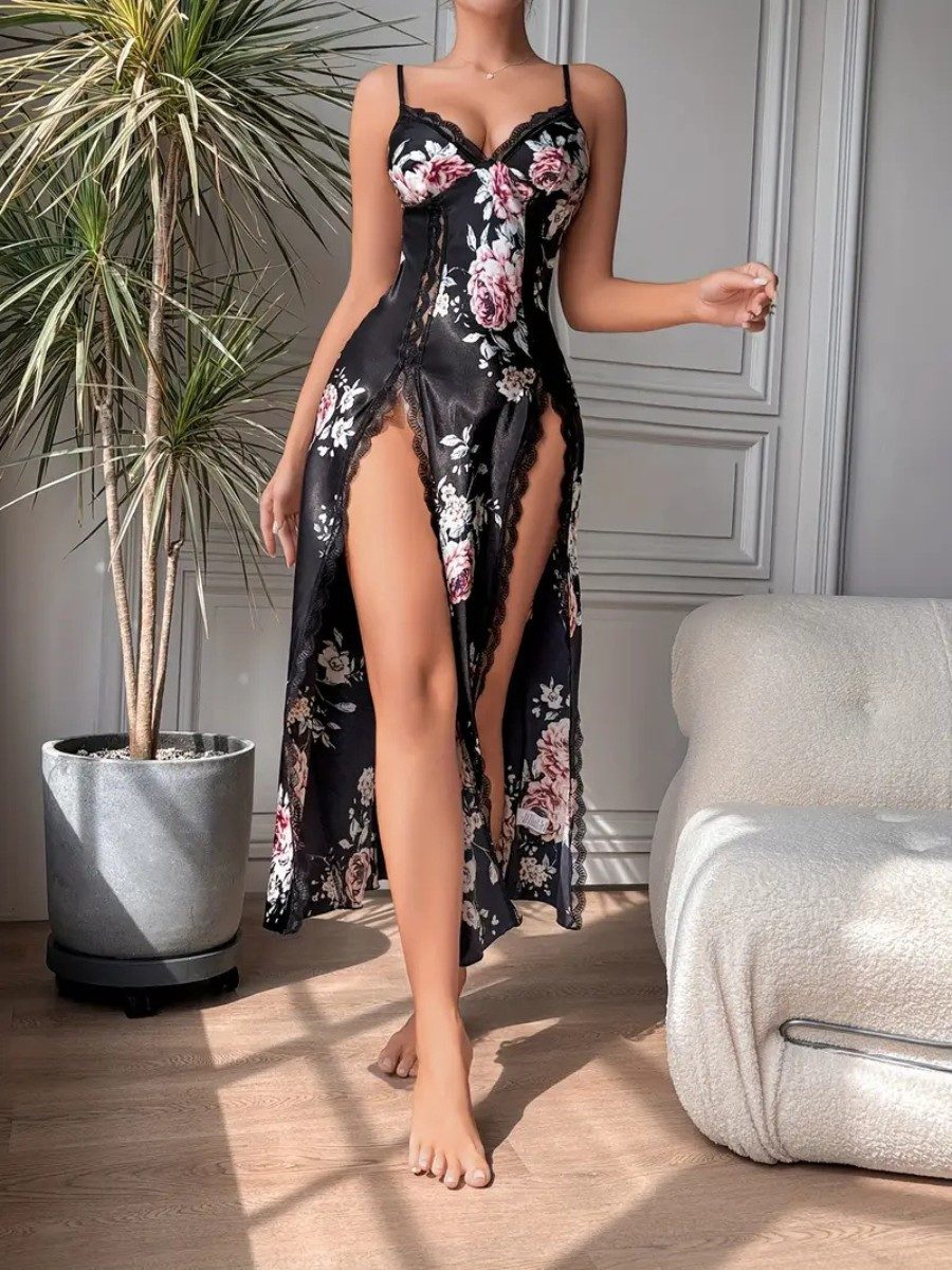 Elegant Love Maxikleid Sexy Satin-Schlafanzug – Langes Negligé Spitzenbesatz
