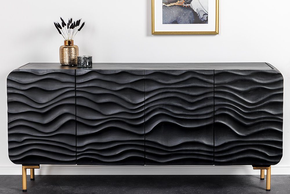 riess-ambiente Sideboard WAVE 160cm schwarz / gold (Einzelartikel, 1 St), Wohnzimmer · Massivholz · Metall · Kommode · Retro Design