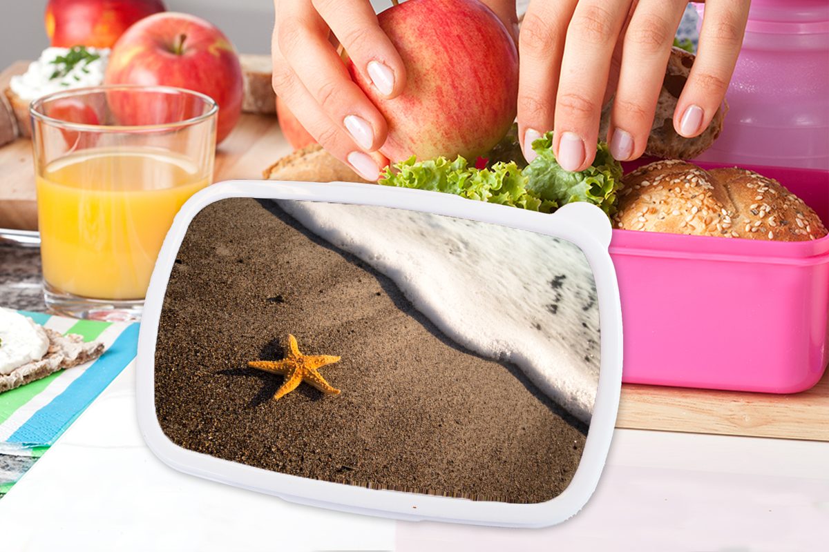Strand, - Erwachsene, Lunchbox rosa Brotbox Kunststoff, (2-tlg), Gelb Brotdose Seestern - Snackbox, Kinder, für Kunststoff Mädchen, MuchoWow