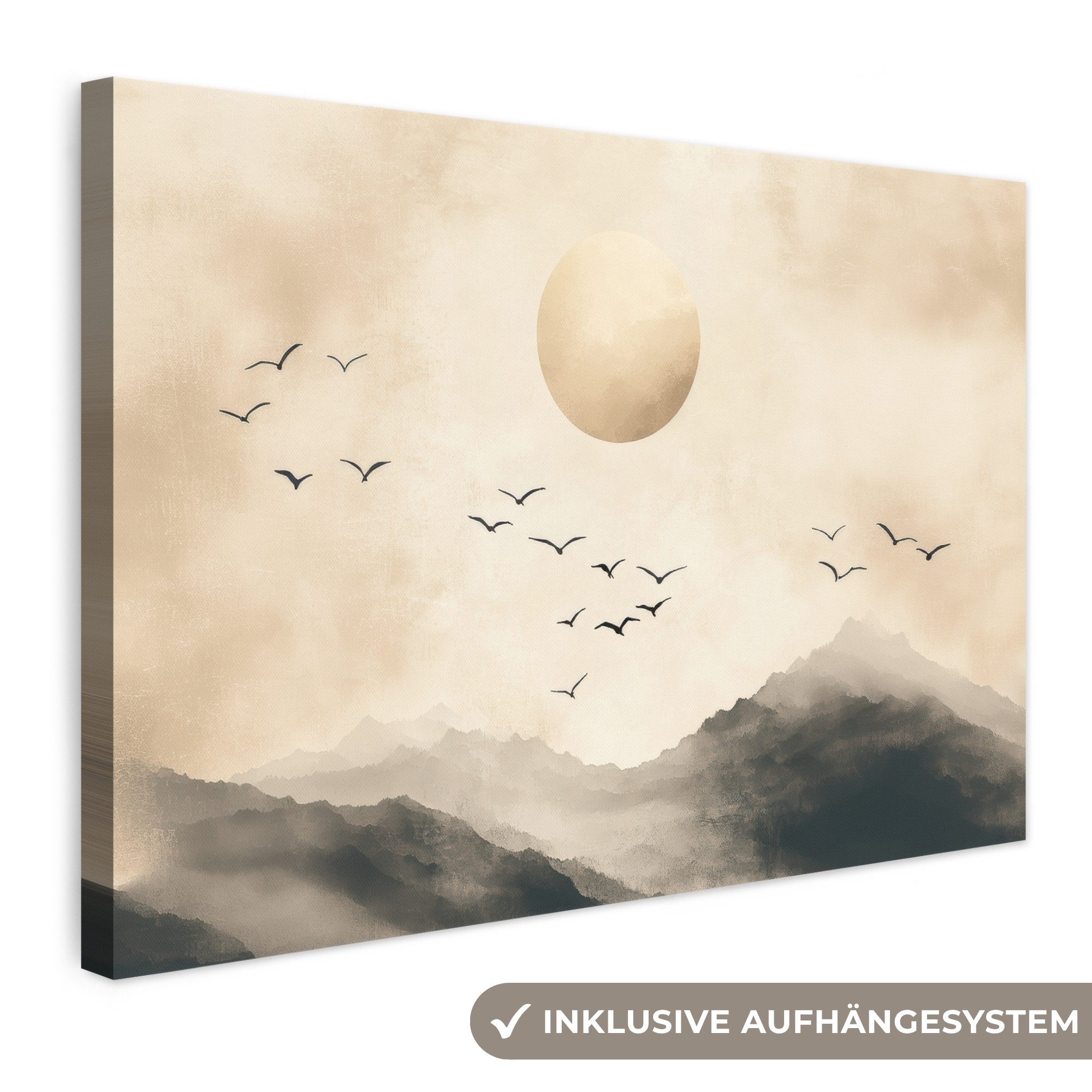 OneMillionCanvasses® Leinwandbild Landschaft - Japandi - Vogel, Fotodruck (1 St), Leinwand Bilder Klein, Wand Dekoration Aesthetic 30x20 cm