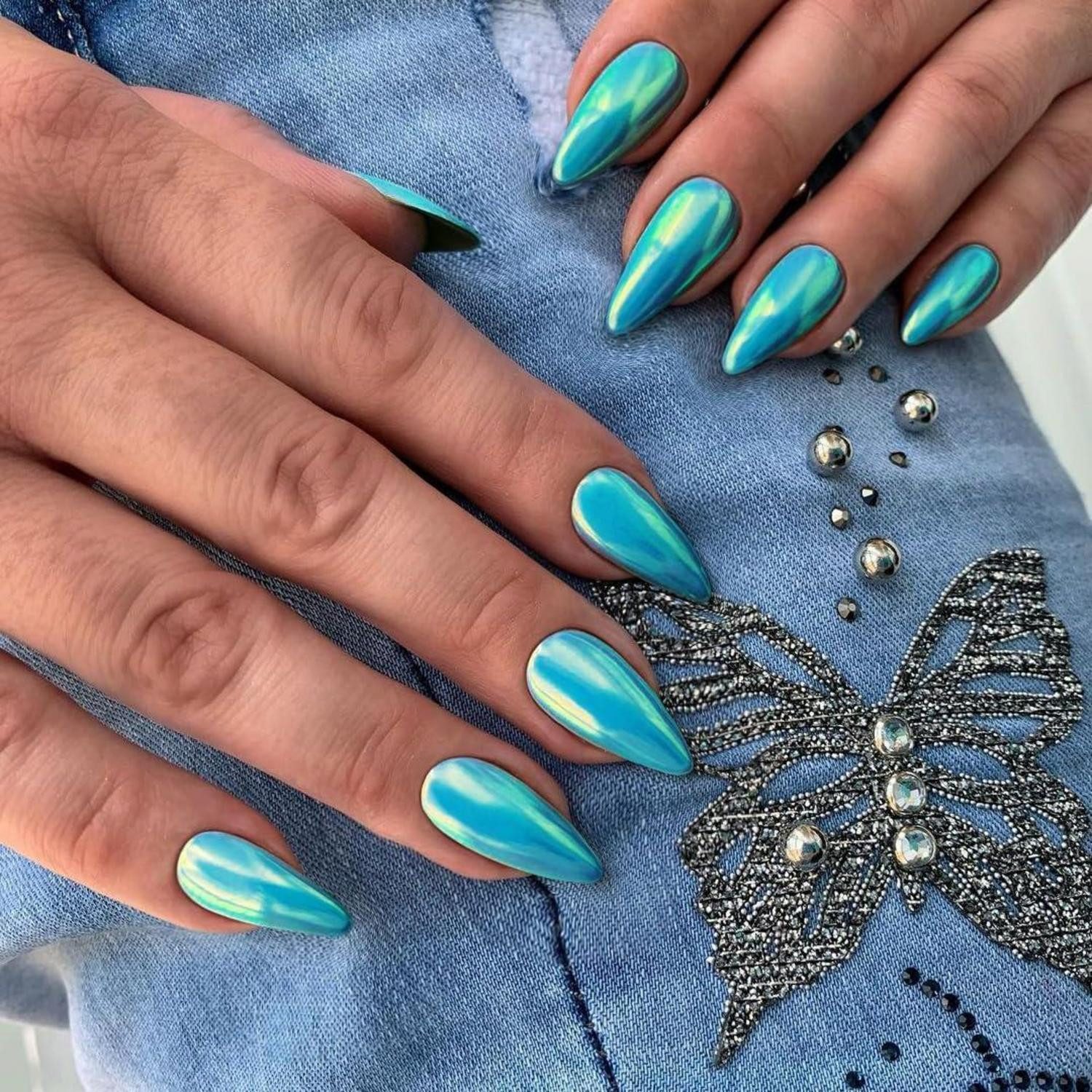 LuxusKollektion Kunstfingernägel Press On Nägel Spiegeleffekt Mittel Mandel Bling Metallic Türkis Blau