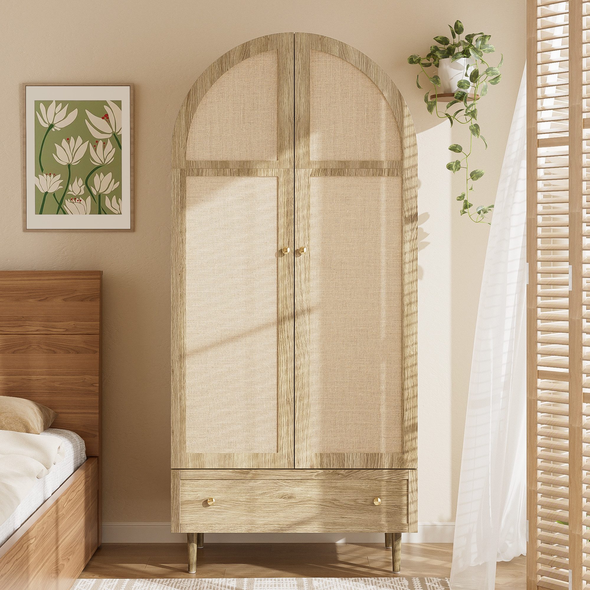 Celya Kleiderschrank mit Schubladen, moderne Aufbewahrungslösung (Holztüren mit Leinenstoff-Bezug, großer Stauraum) ideal für Schlafzimmer und Gästezimmer