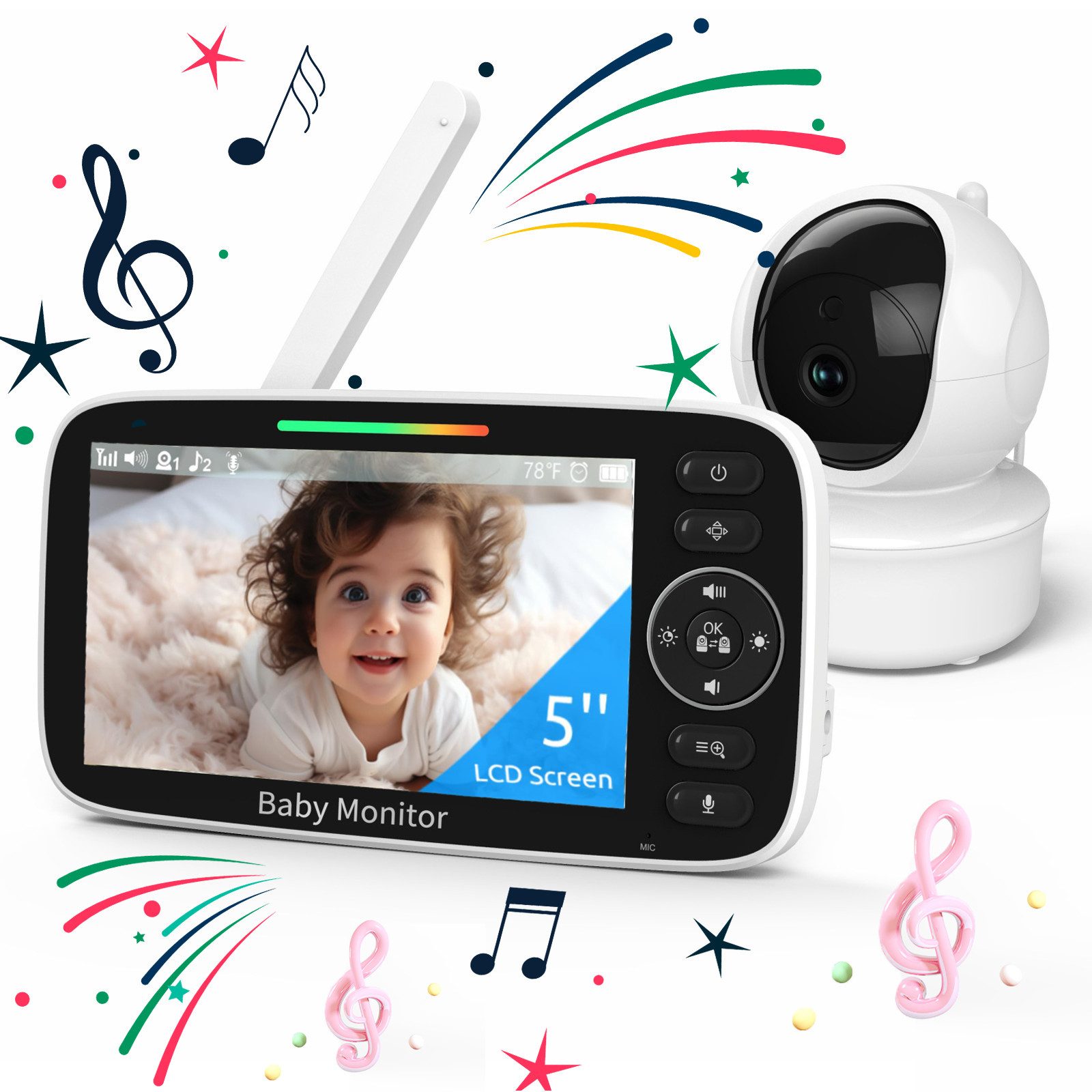 Video-Babyphone Babyphone mit Kamera 5,0 Zoll Tragbares Vox-Funktion Temperatursensor