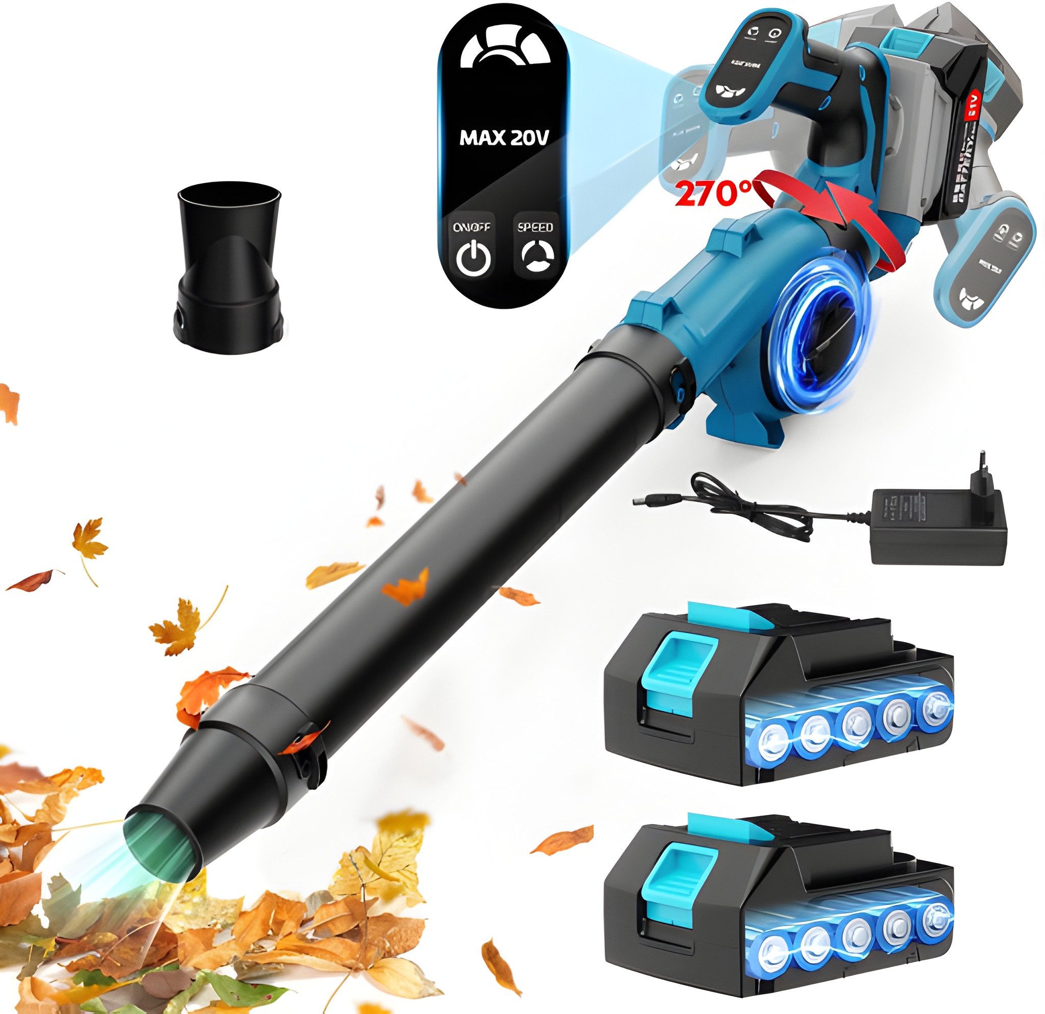 Athlix Akku-Laubbläser Laubbläser kabellos mit 2 Akkus, für Laub, Rasenpflege, Schneeräumung, 240 km/h Luftgeschwindigkeit, 17.000 U/min
