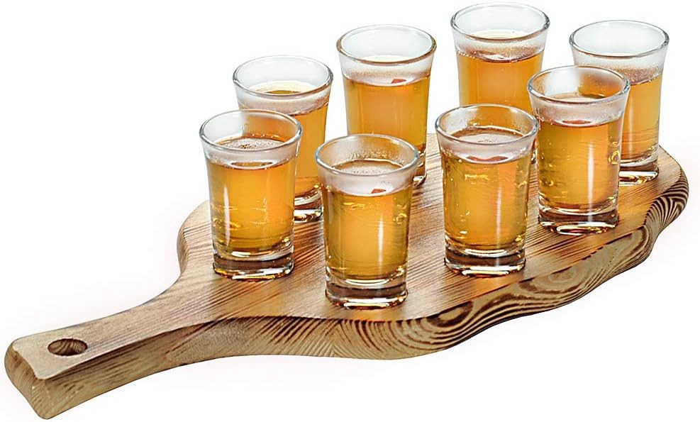 Schnapsglas Schnapsglasträger, Kiefer - geflammt, mit 8 Gläsern