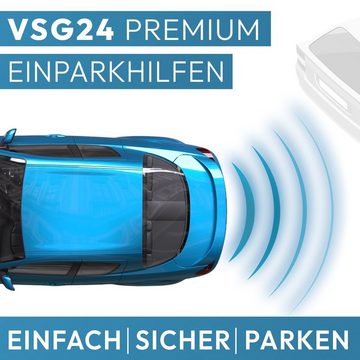 VSG24 Akustische Premium Einparkhilfe ECHO PLUS Parkhilfe zum nachrüsten PDC Rückfahrkamera (Rückfahrwarner mit Lautsprecher & 4 Sensoren Stecksystem Nachrüstsatz)