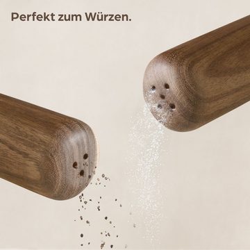 Praknu Salz- / Pfefferstreuer aus Akazienholz mit Untersetzer - Holz Gewürzstreuer - Salt Shaker, (3er Set, 3-tlg), Nachhaltiges FSC Holz - Handgefertigt & Robust - Einfaches Nachfüllen