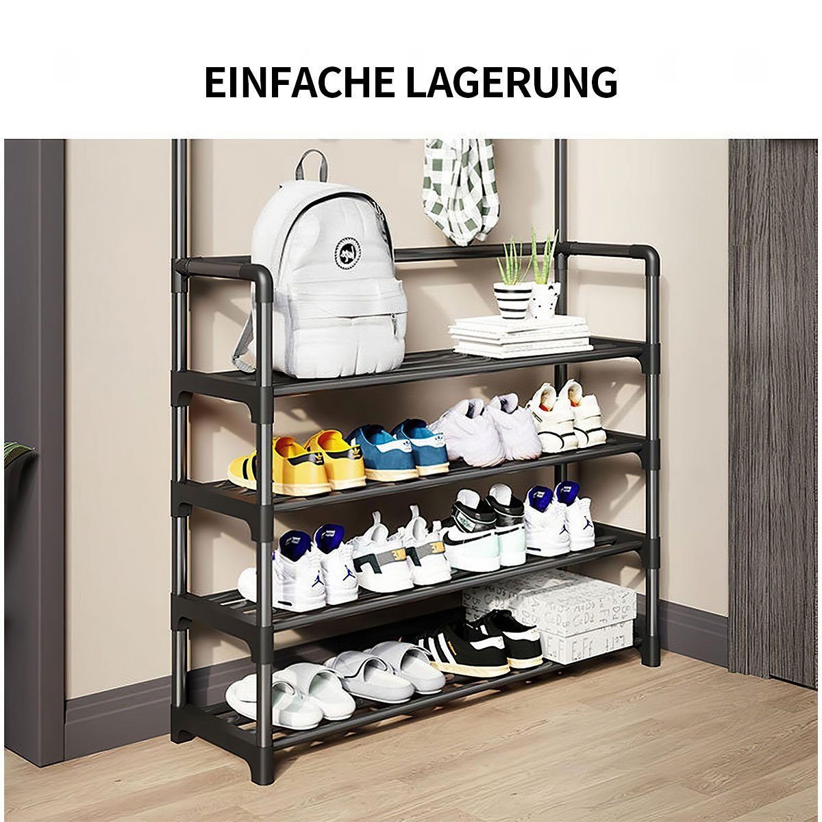 POPOLIC Garderobenständer Cloak Rack, Shoe Bench, 3-in-1-Schrank für den Eingangsbereich, (Kleiderständer fürs Schlafzimmer, mit 8 Doppelhaken, 4 Schichten), Multifunktionaler Taschenständer, bodenstehender Schuhständer