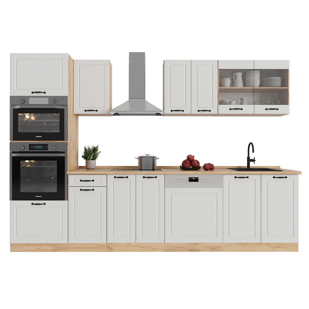 Vicco Küchenzeile R-Line, Weiß Landhaus/Goldkraft Eiche, 300 cm mit Hochschrank, AP ...