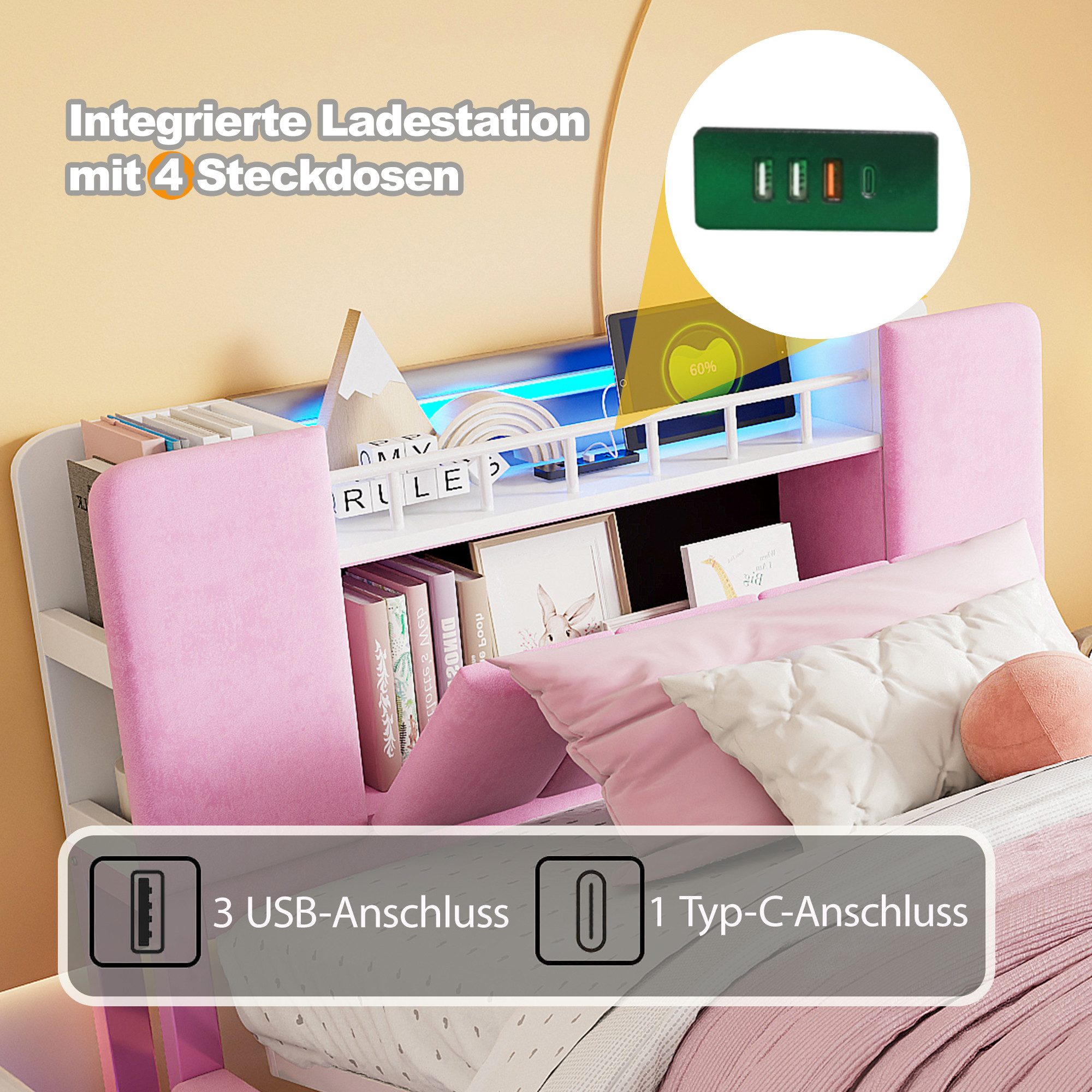Merax Polsterbett mit LED-Beleuchtung und USB-Anschluss (Metalllattenrahmen & Samtbezug, 1-tlg., Kinderbett Einzelbett Mehrzweckbett Stauraumbett), Jugendbett 9 – Bild 5 von 5