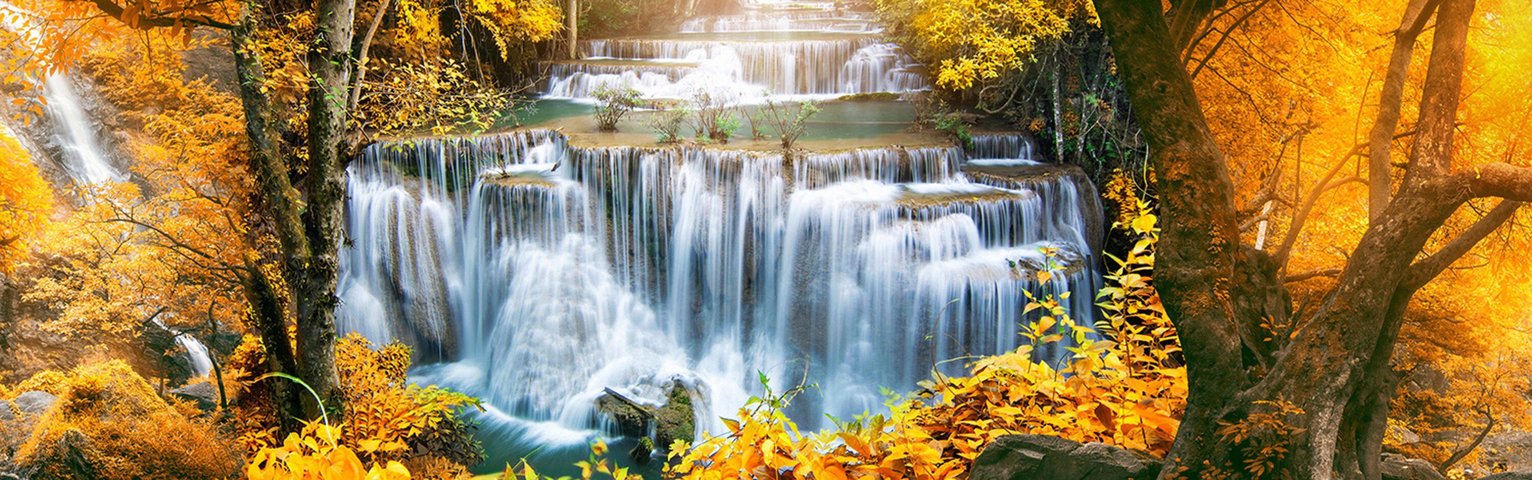 versch. Wasserfälle Herbst wandmotiv24 Küchenrückwand Gold, Premium Bäum (1-tlg), in Hartschaum Nischenrückwand Größen