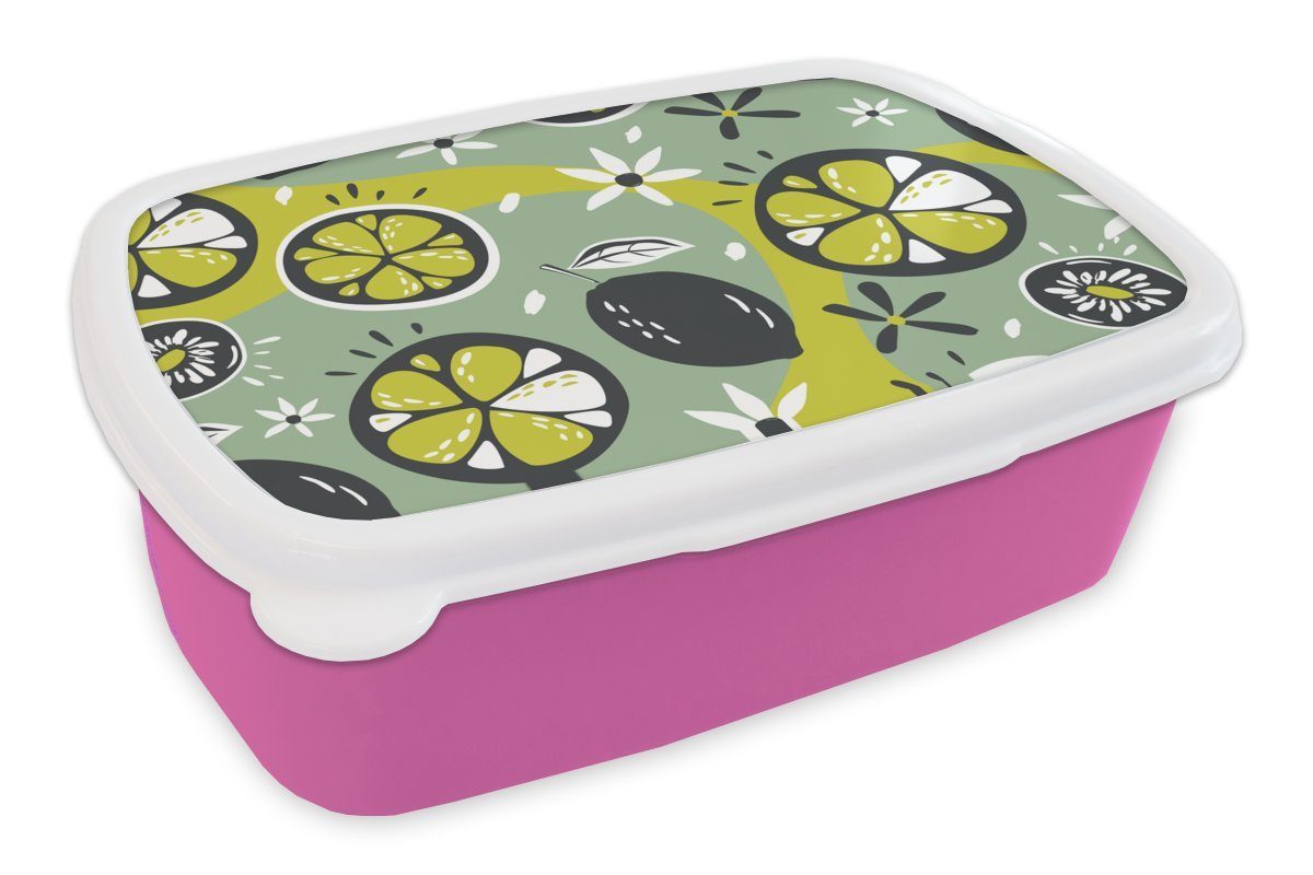 MuchoWow Lunchbox Sommer - Blumen - Obst, Kunststoff, (2-tlg), Brotbox für Erwachsene, Brotdose Kinder, Snackbox, Mädchen, Kunststoff rosa