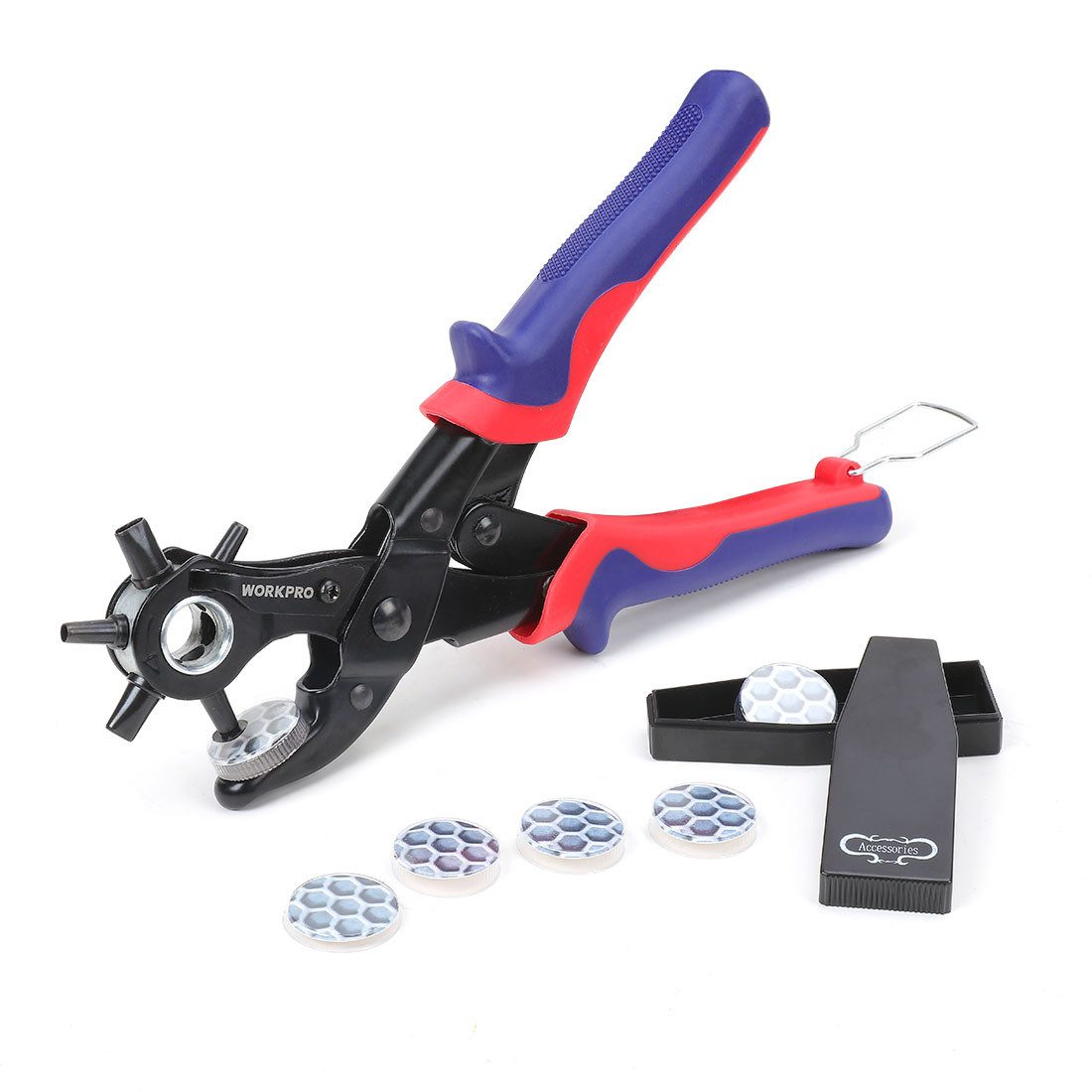 WorkPro Revolverlochzange Lochzange Gürtel Puncher 255 MM Locher, Rund 3,5-4-4,5 MM, 1-tlg., Rechteckige 6,6-7,5 MM OVAL Lochpfeifen 6,1 MM