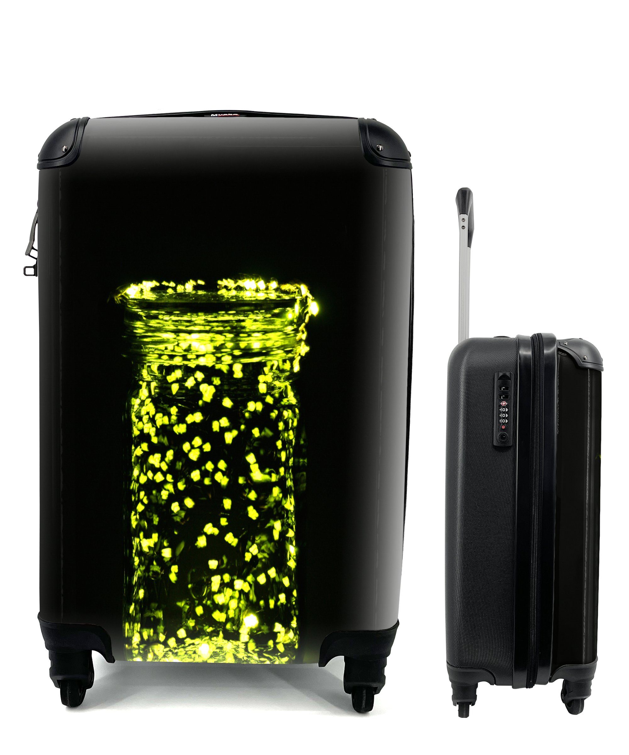 MuchoWow Handgepäckkoffer Ein Glasgefäß gefüllt mit blinkenden Glühwürmchen, 4 Rollen, Reisetasche mit rollen, Handgepäck für Ferien, Trolley, Reisekoffer