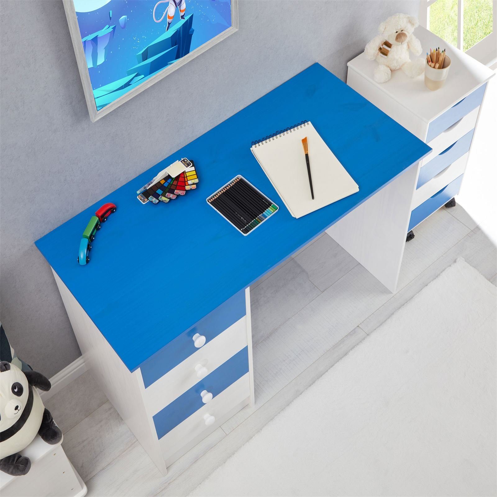 massivem Schreibtisch 4 Schubkästen aus mit Kinderschreibtisch IDIMEX ARNE, weiß/blau Schreibtisch kiefern