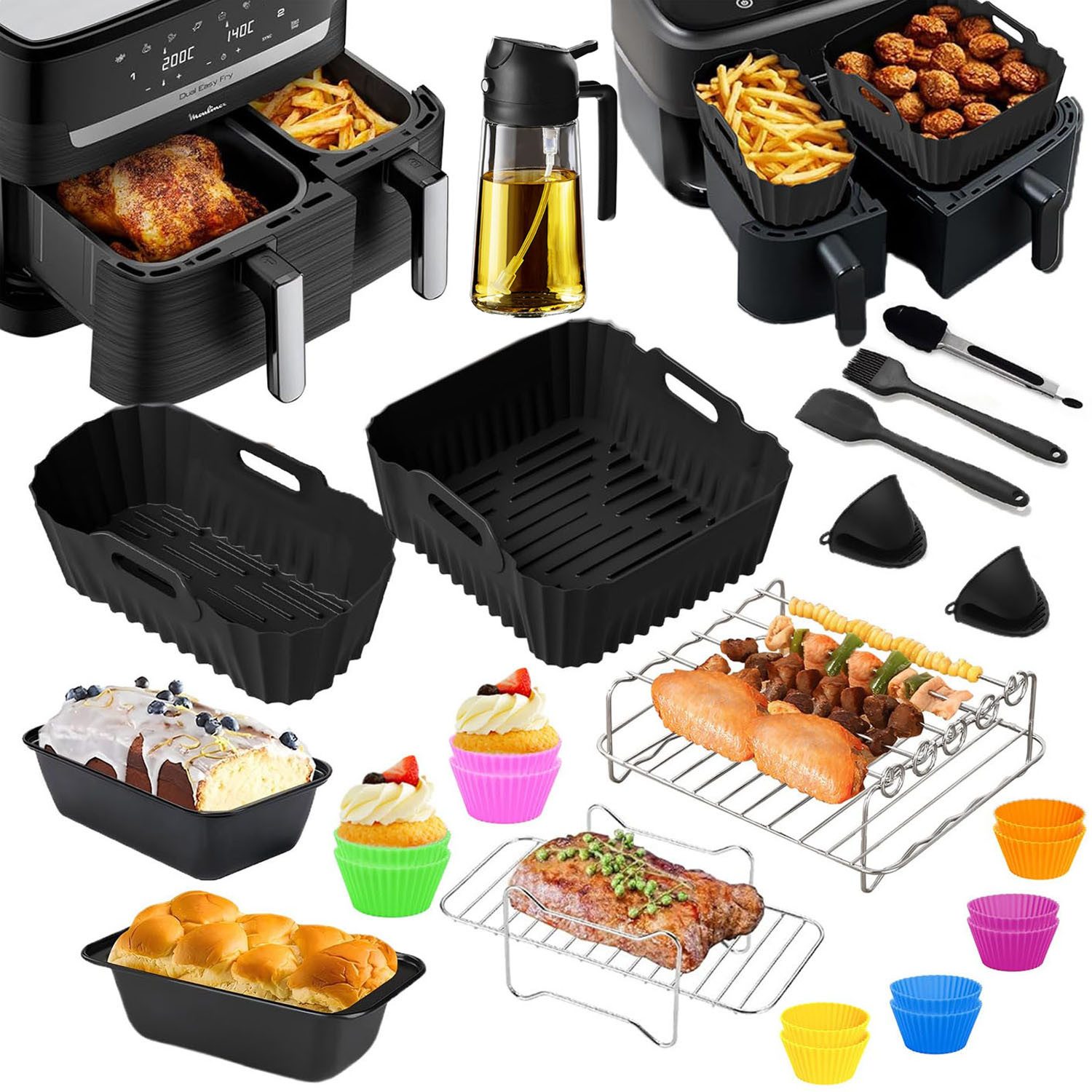 SURFOU Backform Heißluftfritteuse Zubehör 29-tlg set für Tefal Dual Easy Fry EY9018, (29-tlg Heißluftfritteuse Zubehör Set für Tefal EY9018 & weitere Dual-Airfryer, Tower T17099, Salter EK5729 – ideal für 3,1L + 5,2L Air Fryer, inklu. Silikonformen, Muffi