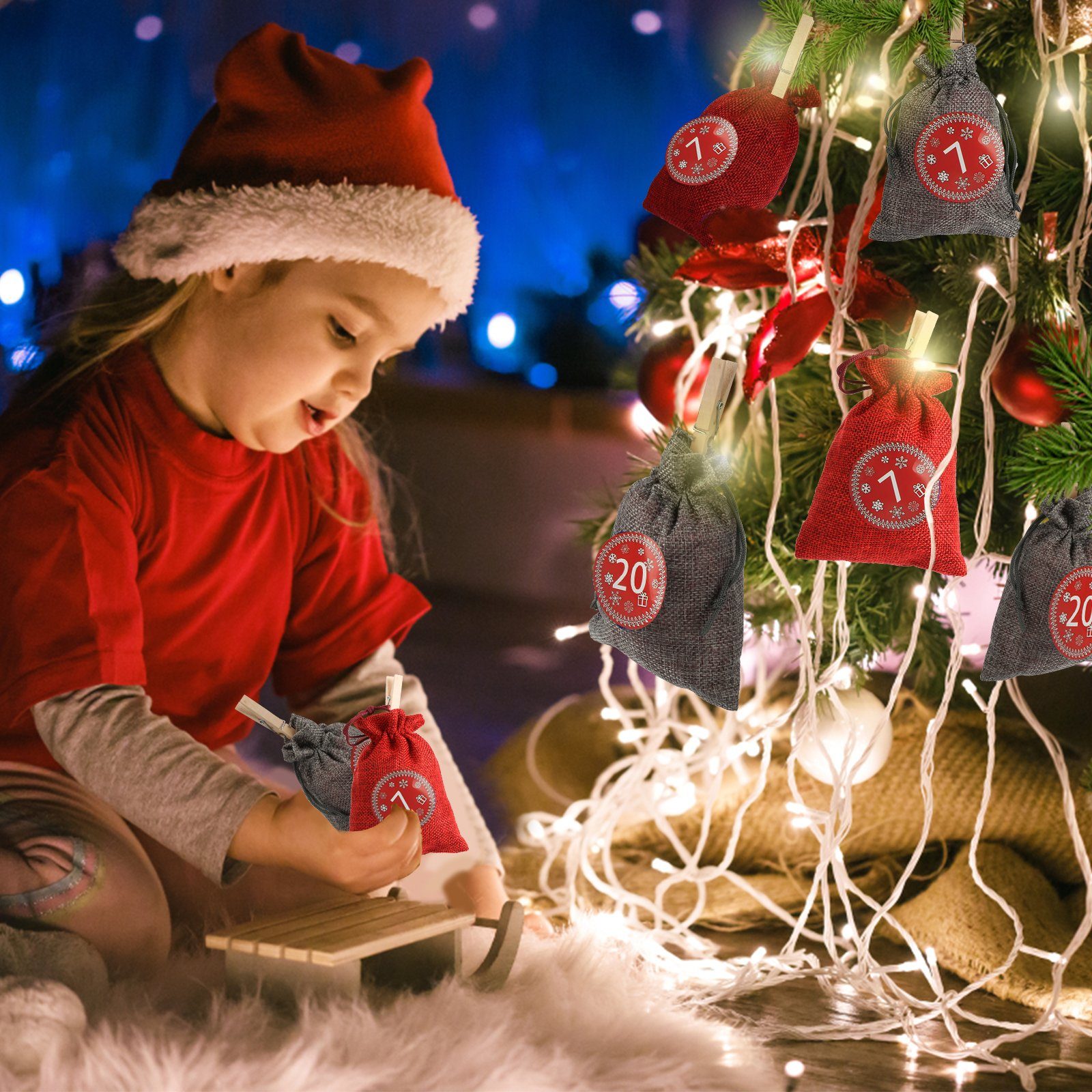 Rot/Grau Jutesäckchen -DIY Weihnachtskalender zum Dekohänger Lospitch Christbaumschmuck Befüllen