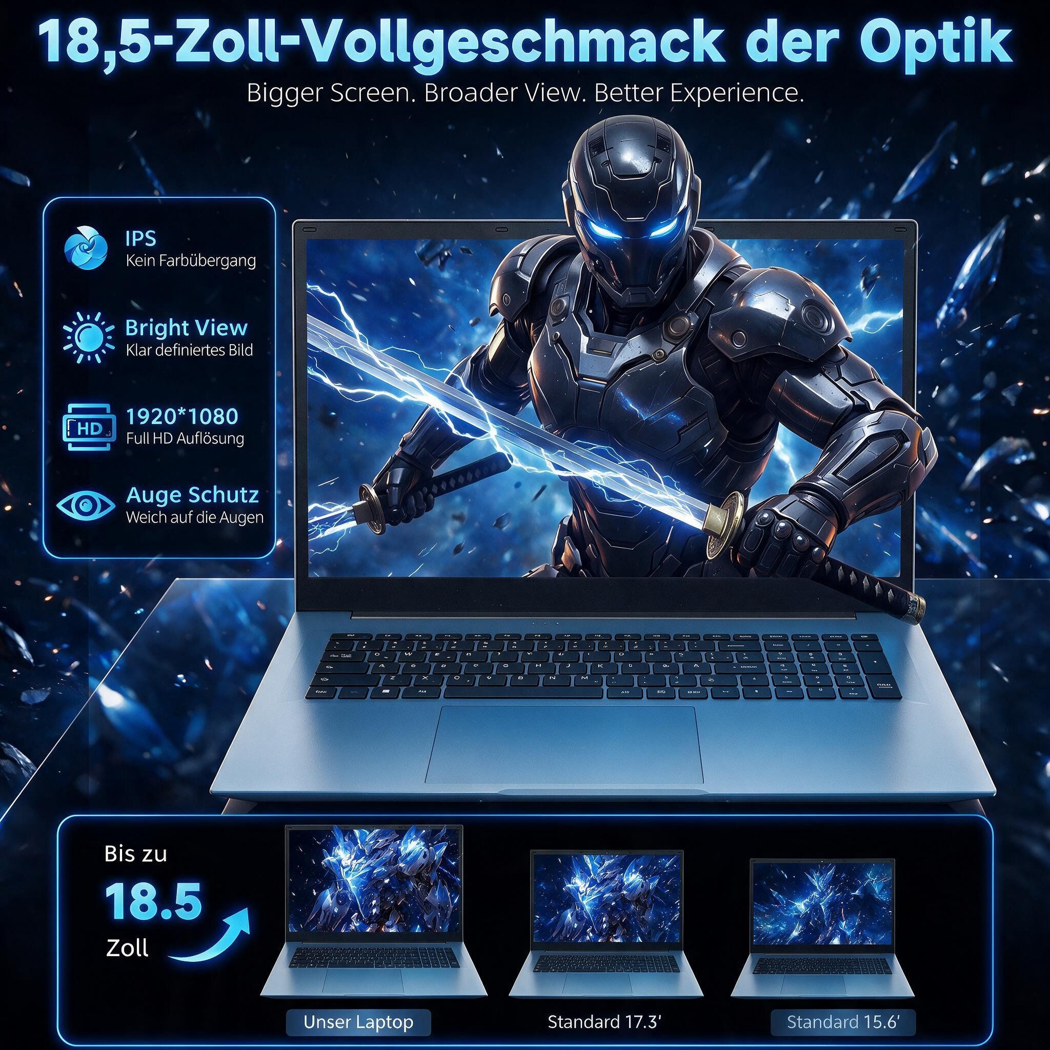 MENGHU 18,5″ Laptop, Intel i3, 16GB RAM, 256GB SSD erweiterbar, Microsoft 365 Notebook (Intel® Core™ i3‑10100Y, Intel® UHD Graphics 615, 16 GB, 256 GB SSD)
