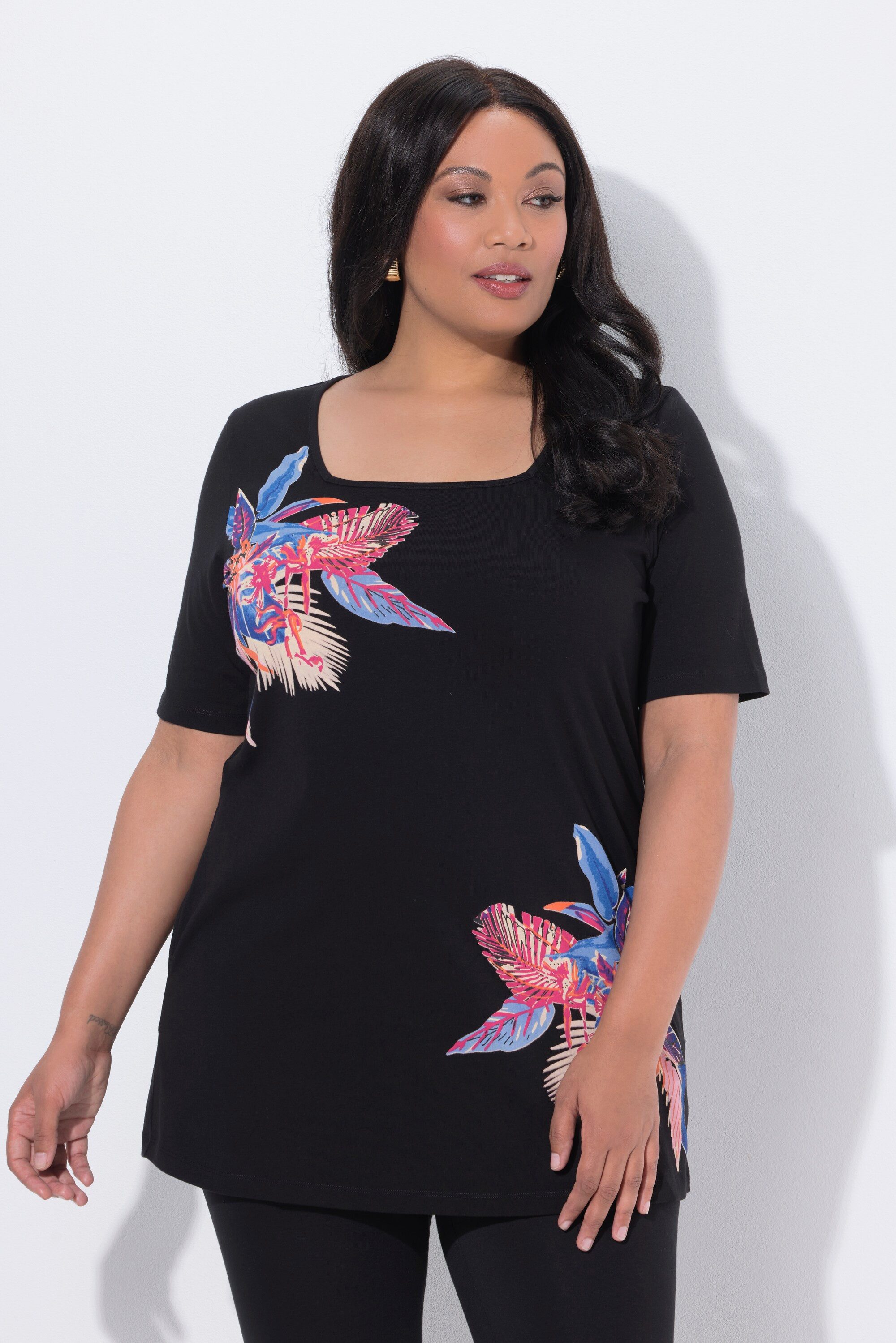 Ulla Popken Longshirt Longshirt A-Linie Carré-Ausschnitt Halbarm günstig online kaufen