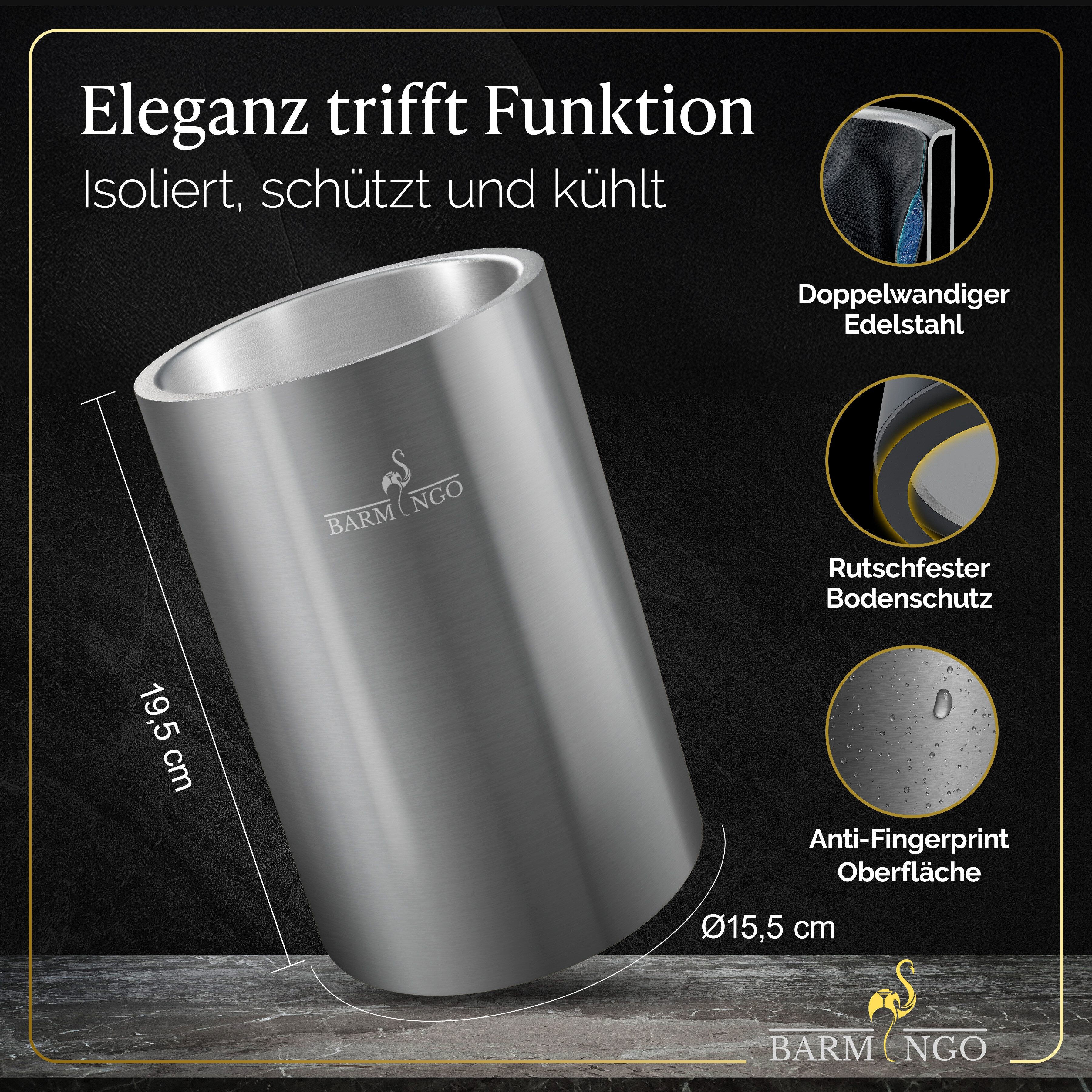 BARMINGO Wein- und Sektkühler Edelstahl mit 2 Kühlmanschetten, Weinflaschenkühler & Getränkekühler, doppelwandiger Flaschenkühler für Wein, Sekt & Champagner