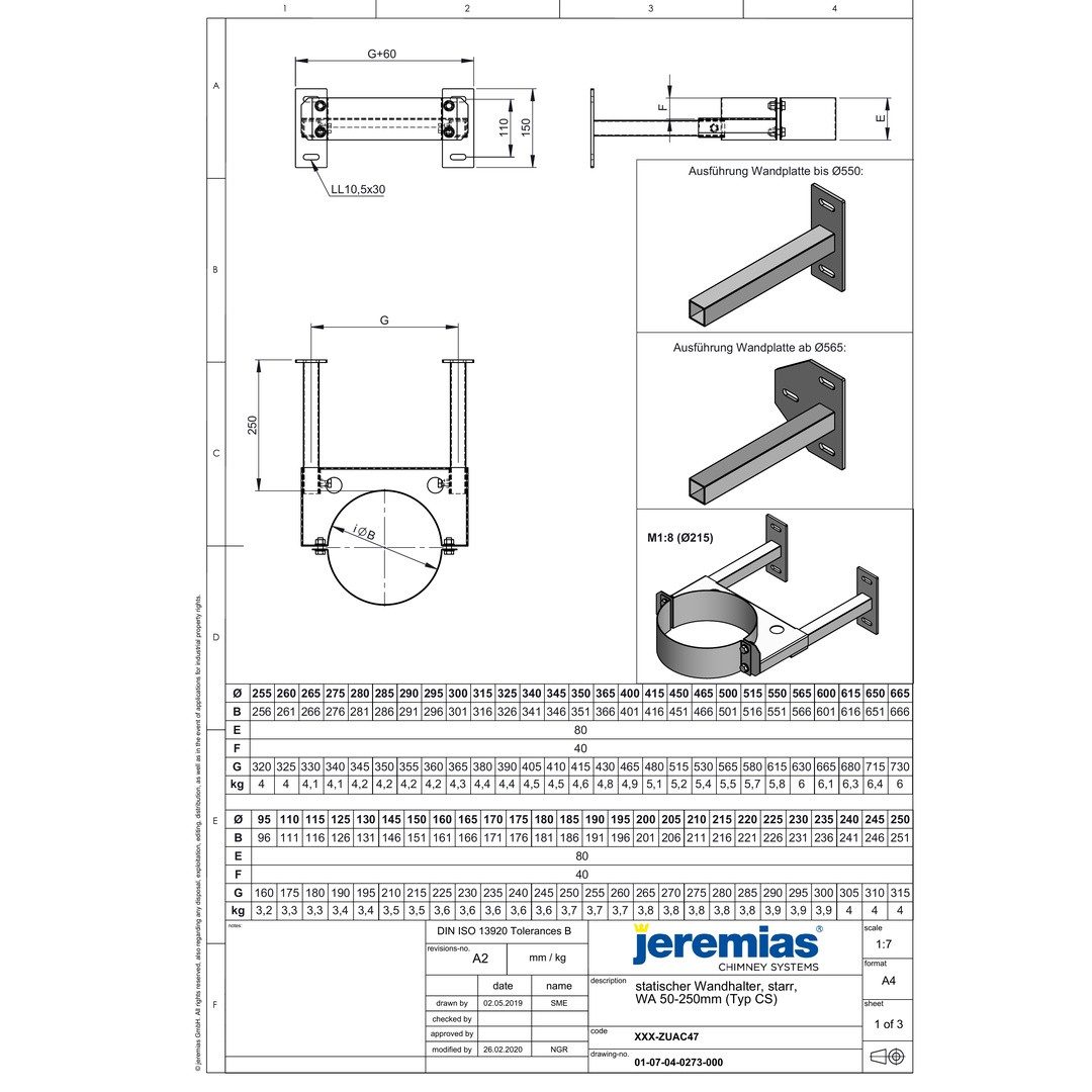 Jeremias Schornstein DW-ECO 2.0 Ø 130 mm - Wandhalter statisch, verstellbar 50-250mm, Ø 130 mm