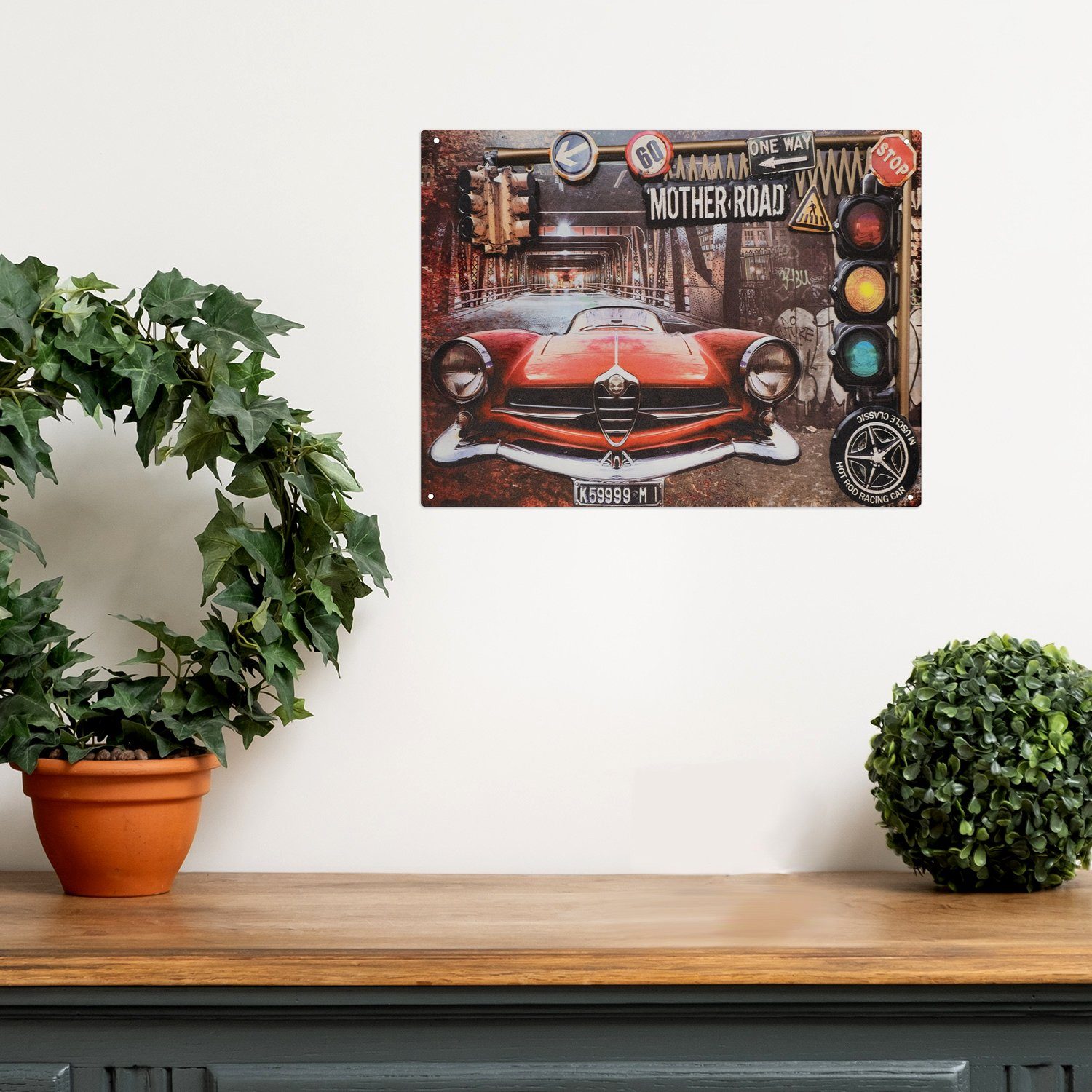 Moritz Metallschild Blechschild Mother Road Red Car, (Einzeln), 25 x 33 cm Vintage Retro Deko Schild Metallschild Wandbild Schild