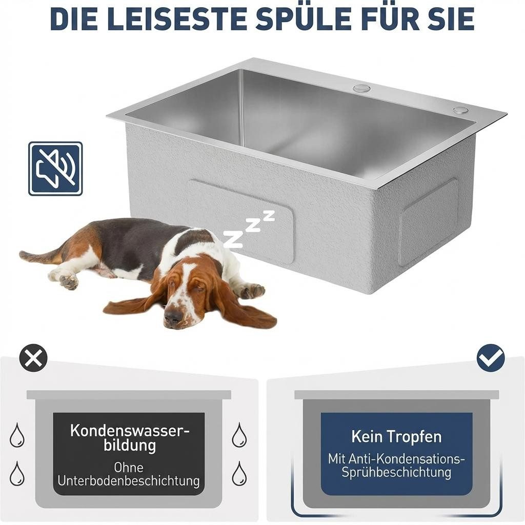 GarveeMore Küchenspüle Edelstahl Spülbecken, Einbauspüle mit Armatur & Zubehör, rechteckig, 60/45 cm, inkl. Ablaufstopfen, Siebkorbventil & Geschirrabtropfgeste – Bild 5 von 5
