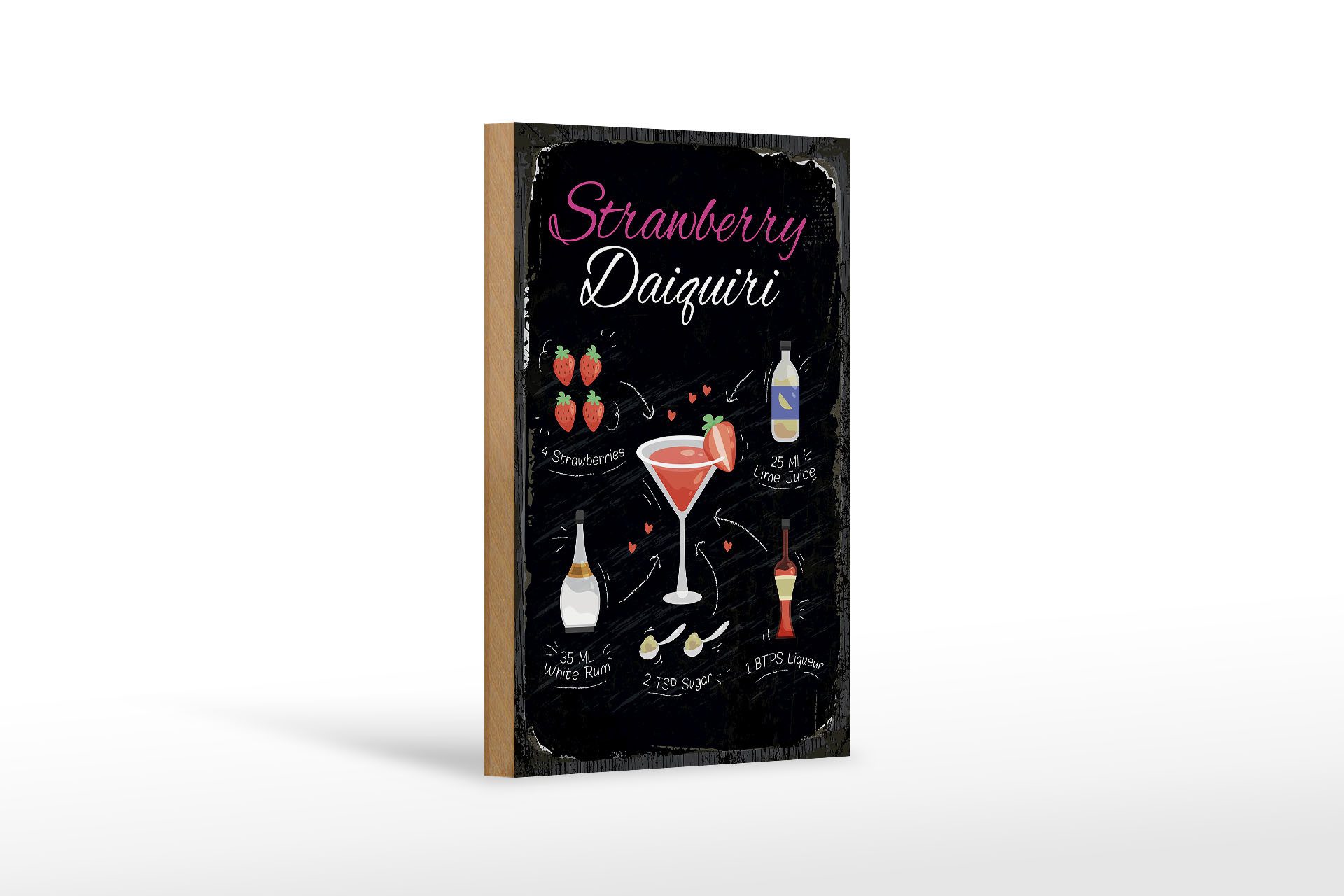 Holzbild Rezept Strawberry Daiquiri Cocktail 12x18 cm