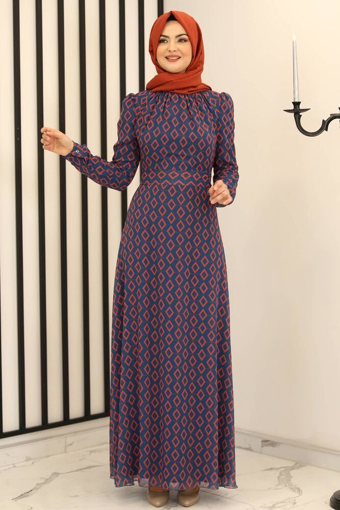 Modavitrini Chiffonkleid Damen Kleid Abendkleid mit Rautenmuster Abiye Abaya Hijab Mode langärmliges Maxikleid, Blickdicht Blau